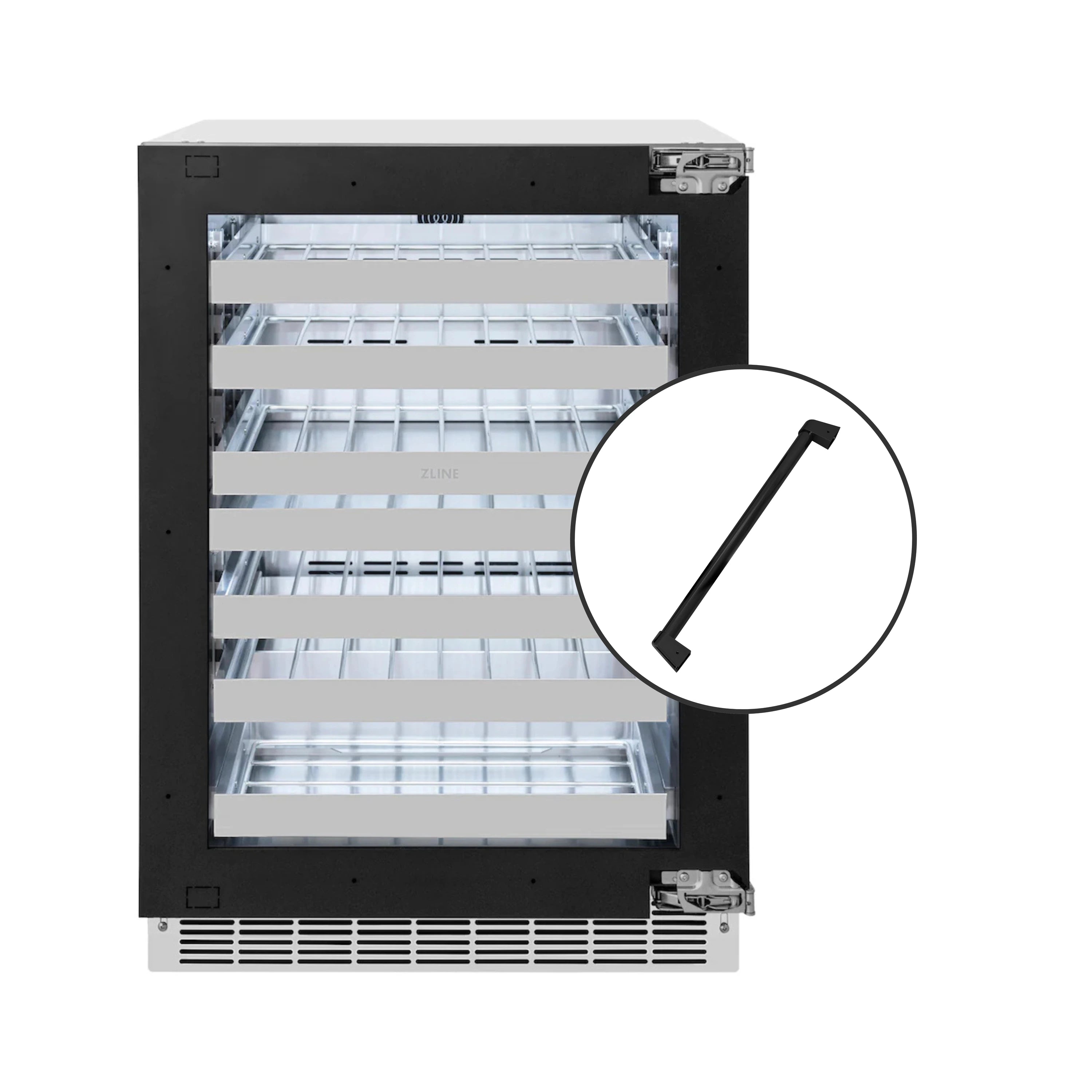 Wine cooler with open front door and handle icon indicating included handle