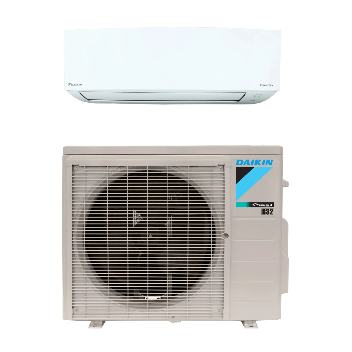 Daikin ductless mini split indoor and outdoor units, R32 label on outdoor