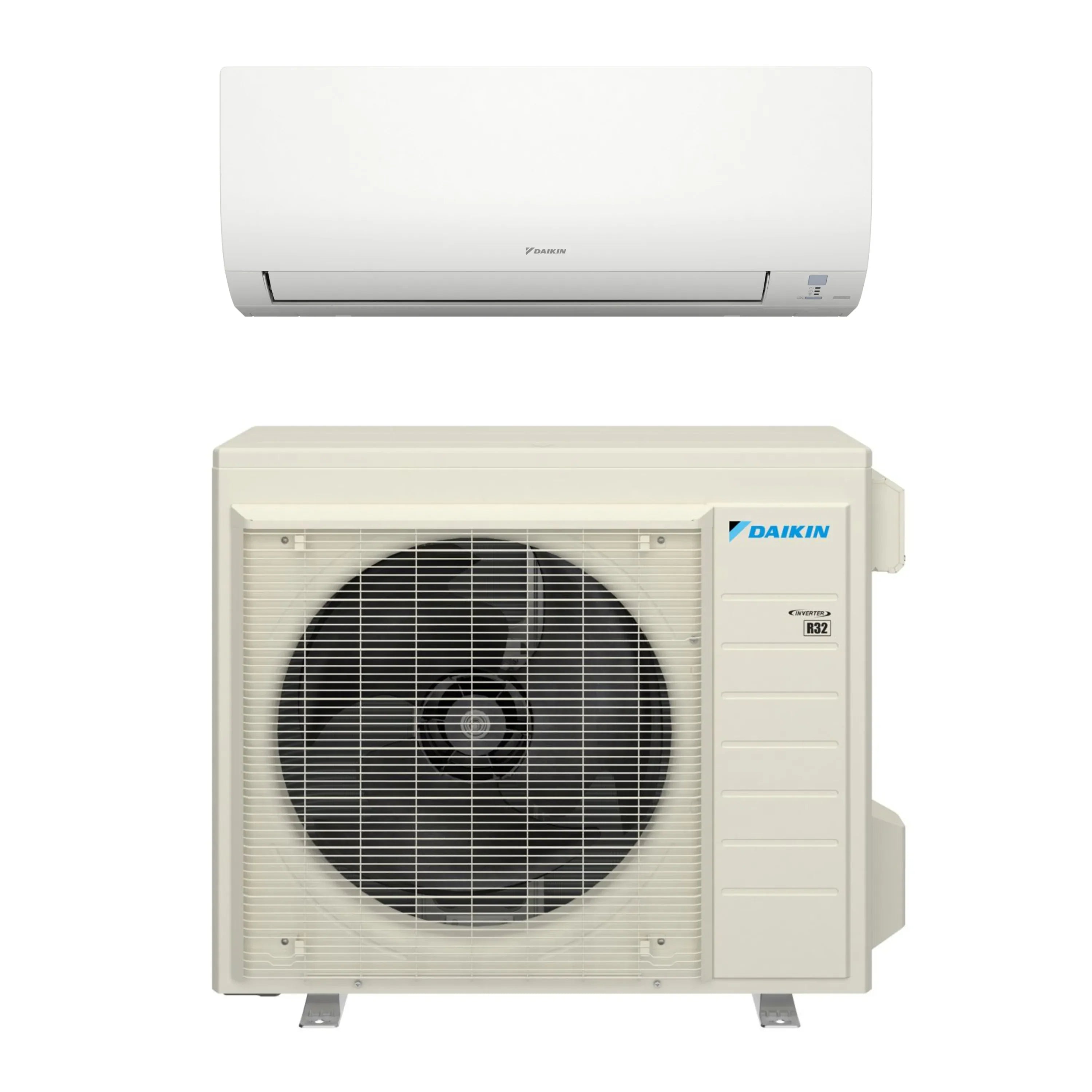 Daikin ductless mini split indoor head and outdoor unit, white fan grille and wall unit