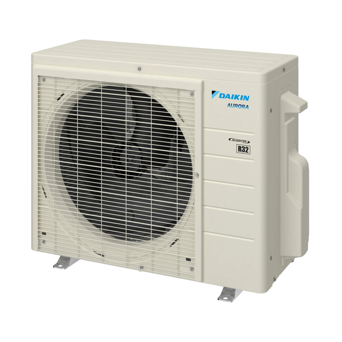 Daikin Aurora ductless mini split outdoor heat pump, light gray, R32 label