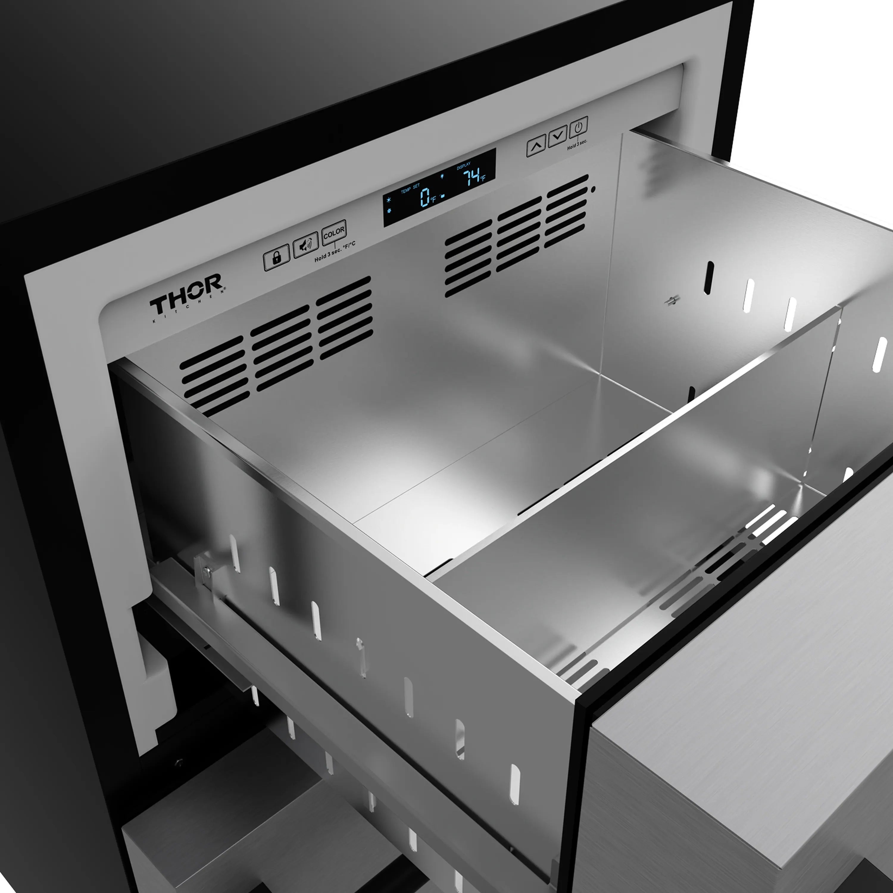Stainless drawer freezer with open inner drawers and vented stainless interior