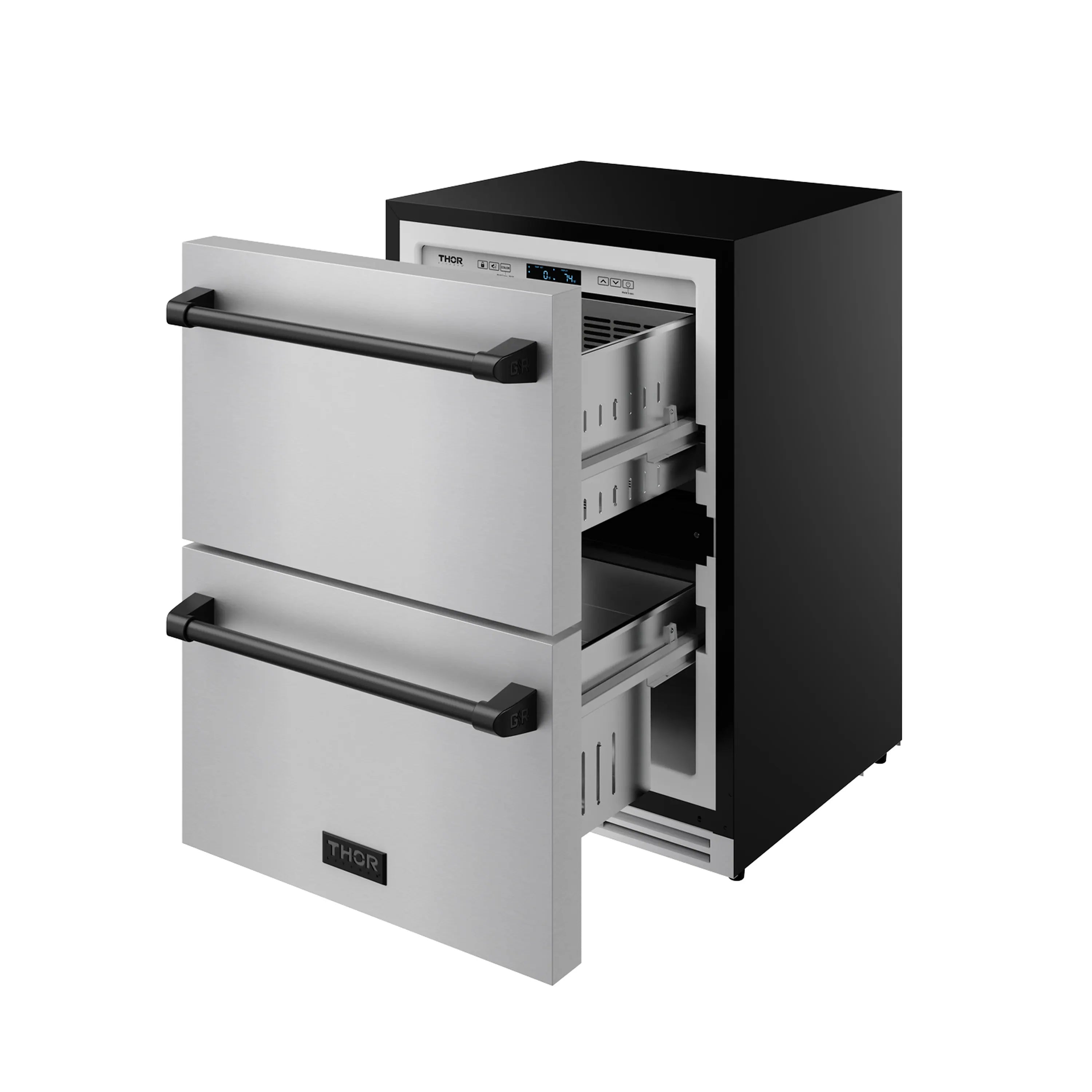 Stainless drawer freezer with open compartment doors, black top trim, THOR branding