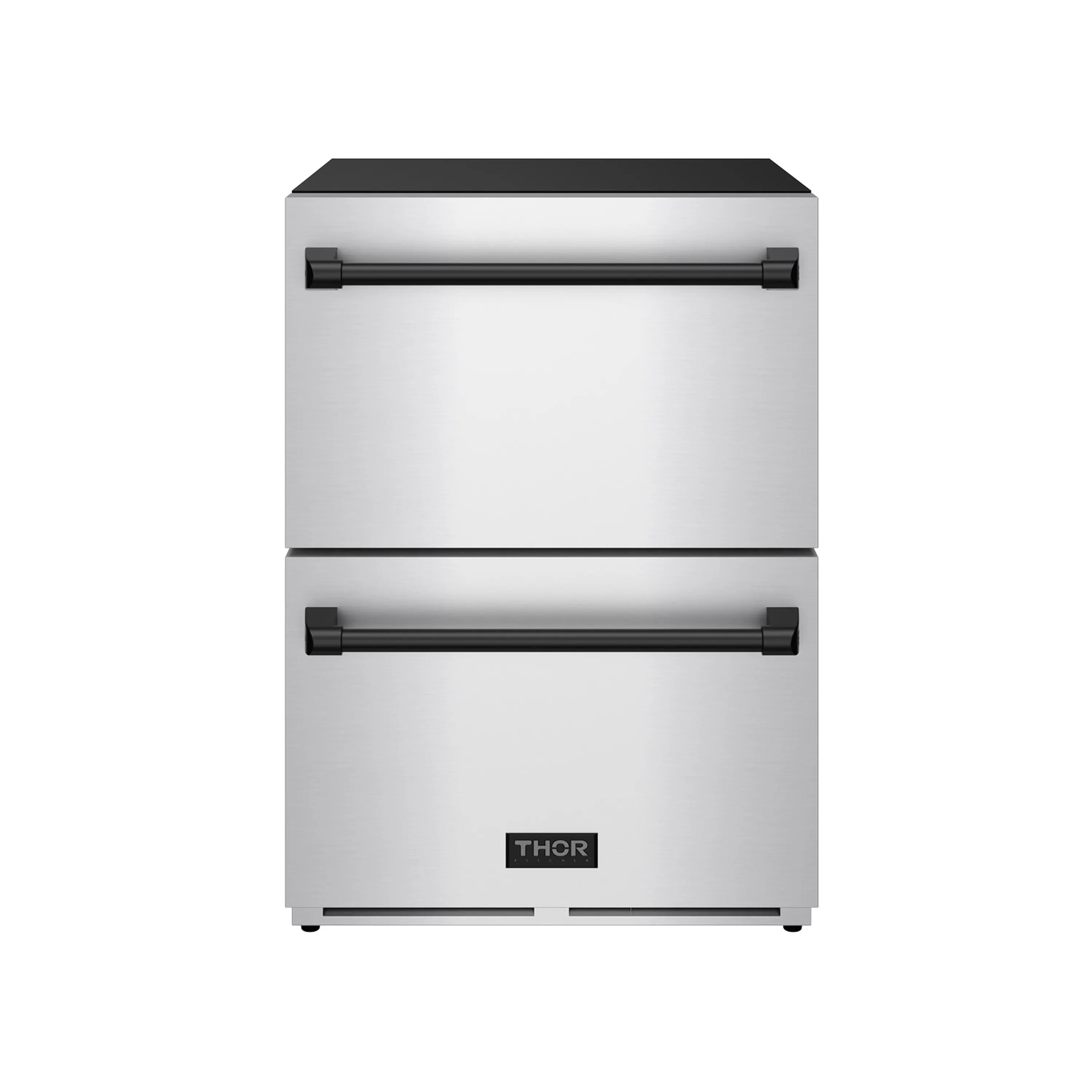 Stainless steel drawer freezer with black top, two pull handles, freestanding base