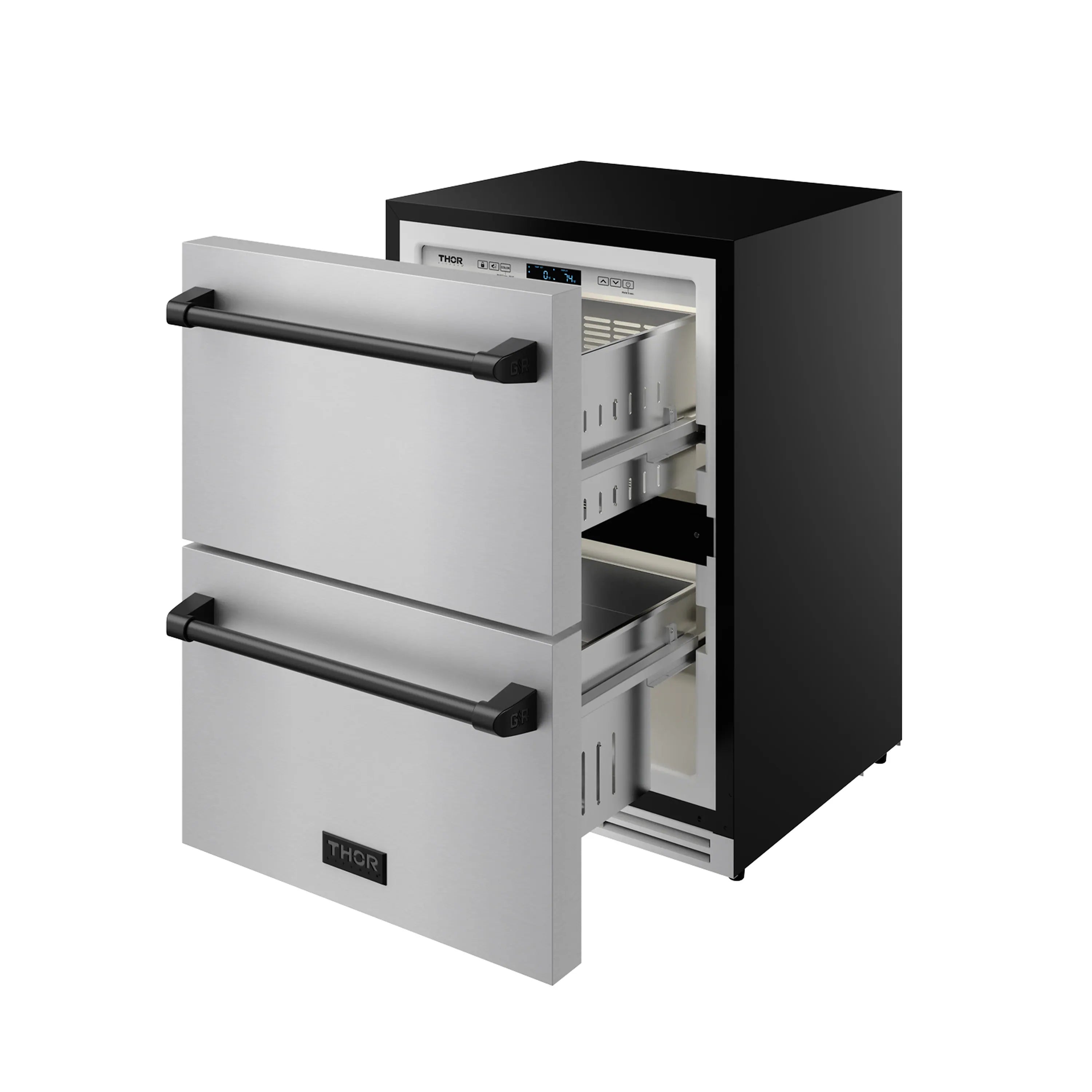 Stainless drawer freezer with open drawers and black side trim, THOR logo