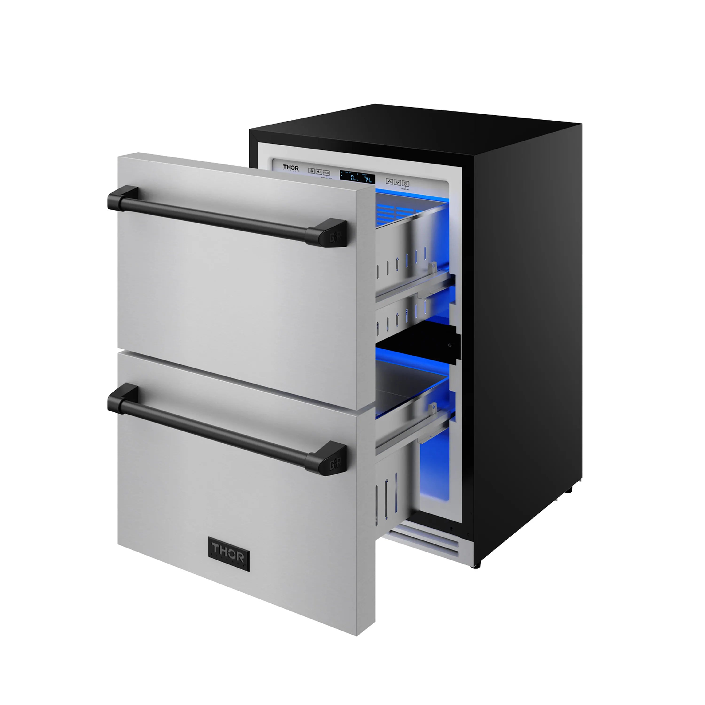 Stainless drawer freezer with open drawers and blue-lit display, black top trim