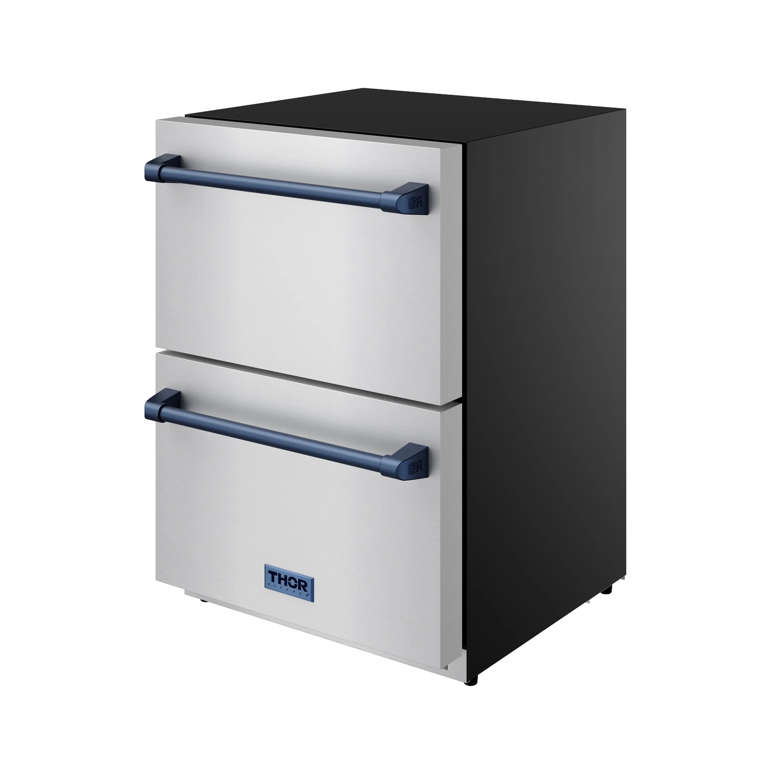 3/4 view of stainless drawer freezer with blue handles and black side panel
