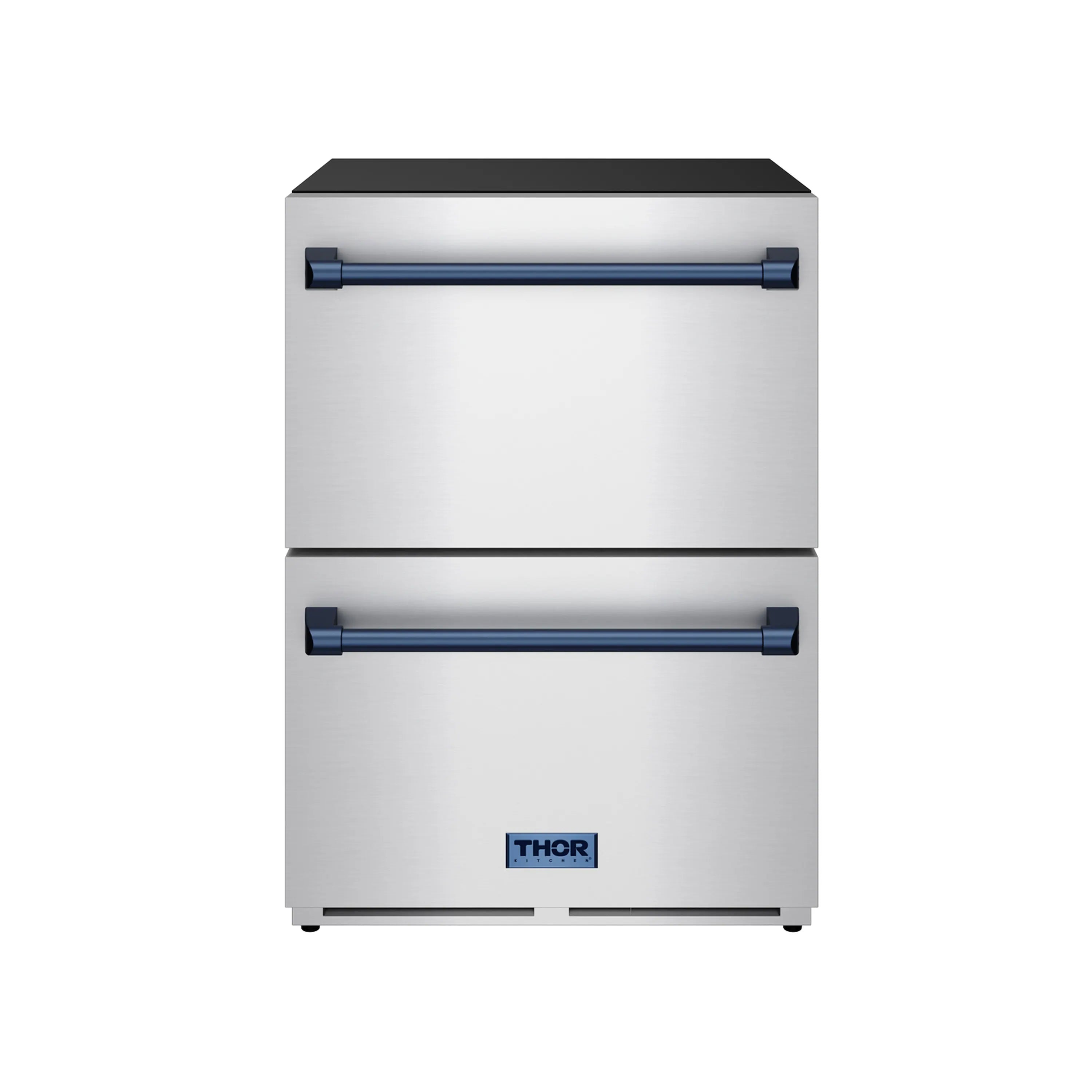 Front view of stainless drawer freezer with two drawers and blue handle bars