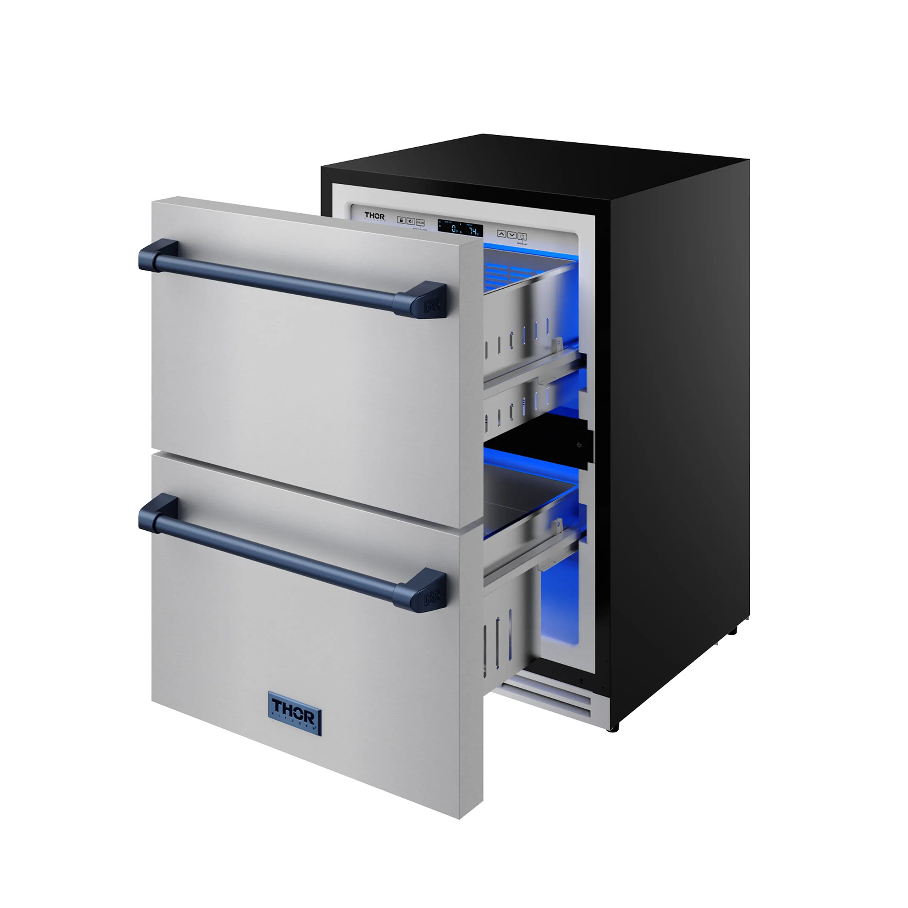 24-inch drawer freezer with stainless body, open drawers, and blue interior lighting