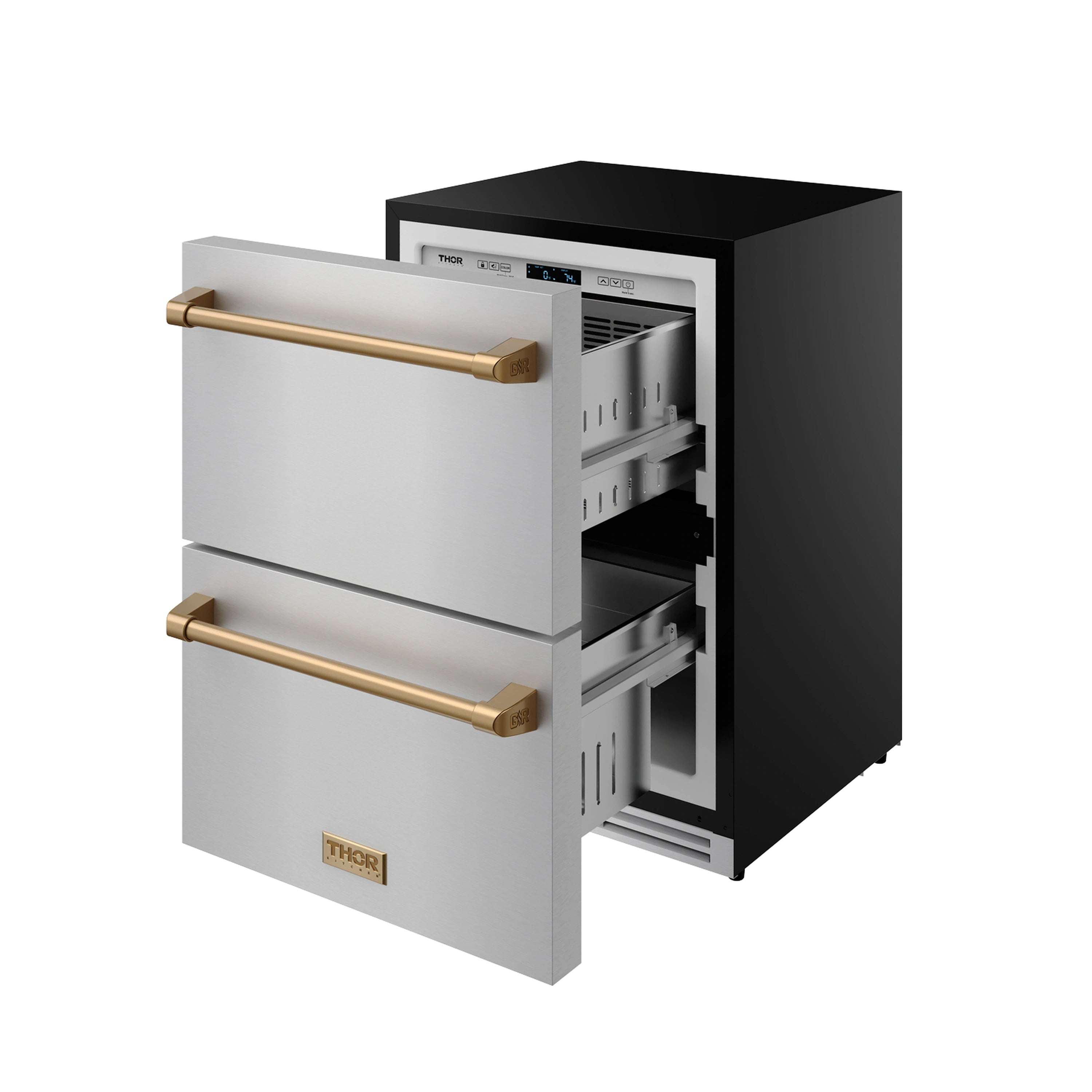 Drawer freezer with doors open, revealing two stainless interior compartments
