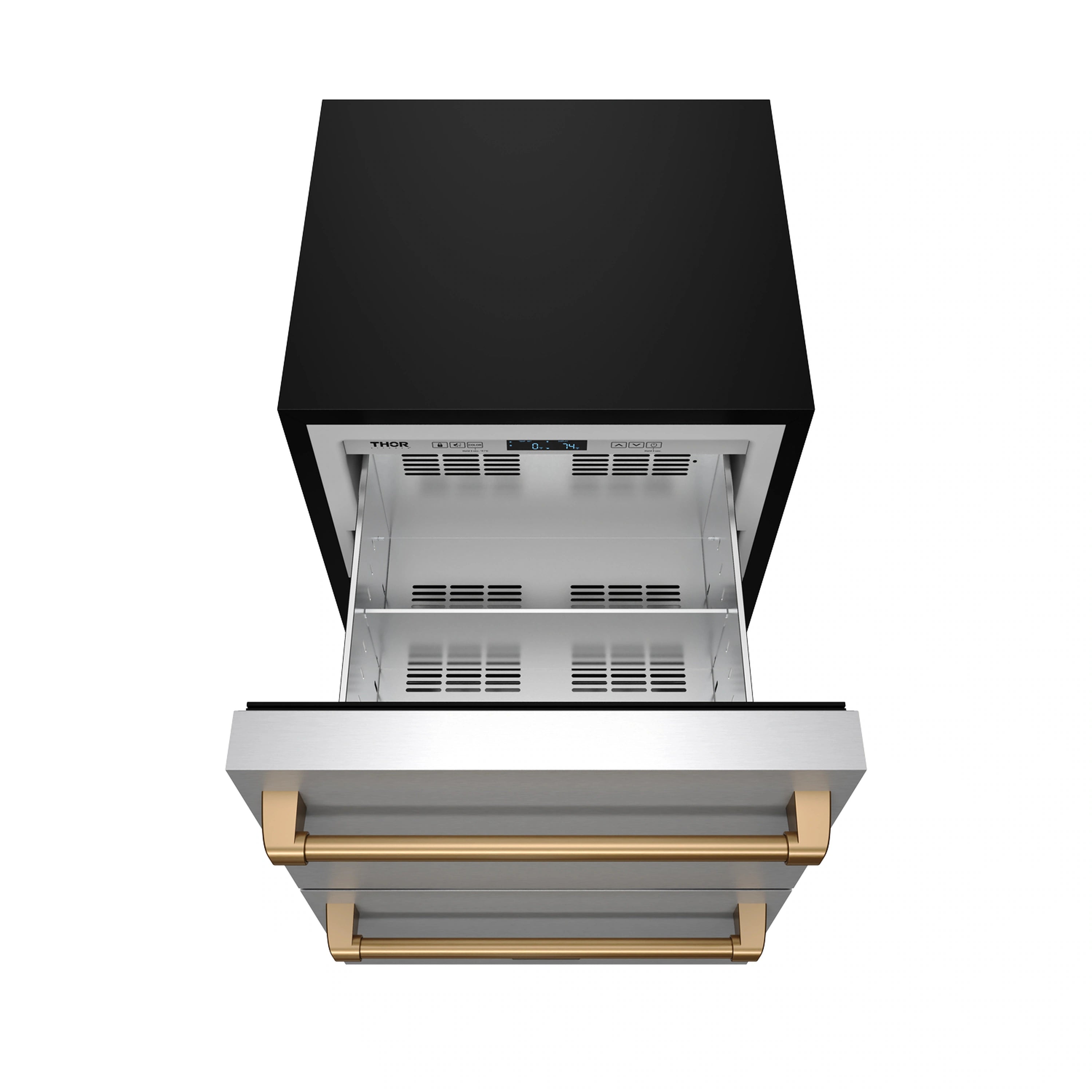 Top view of open drawer freezer showing stainless racks and ventilation grilles