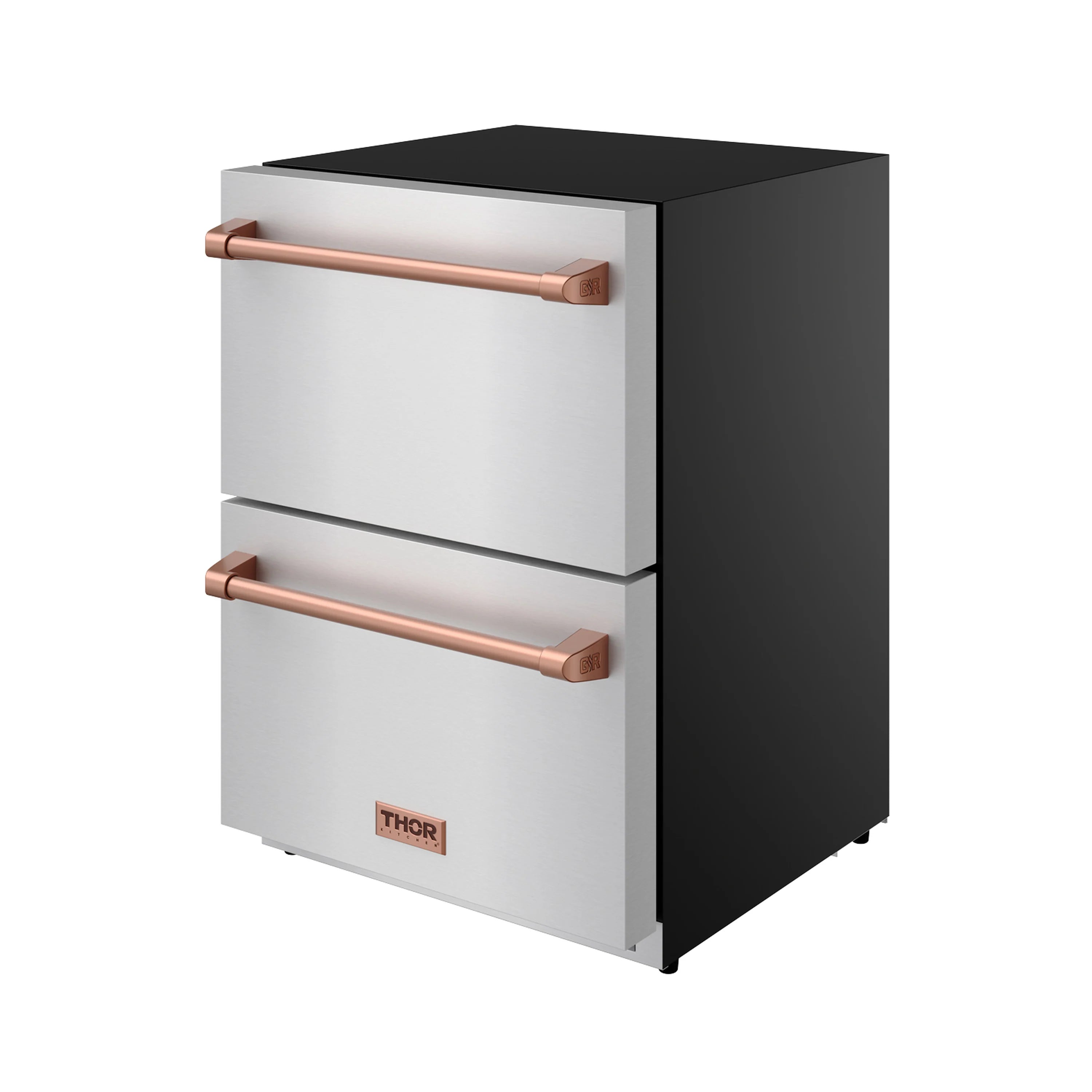 Stainless steel drawer freezer with rose gold handles and black top