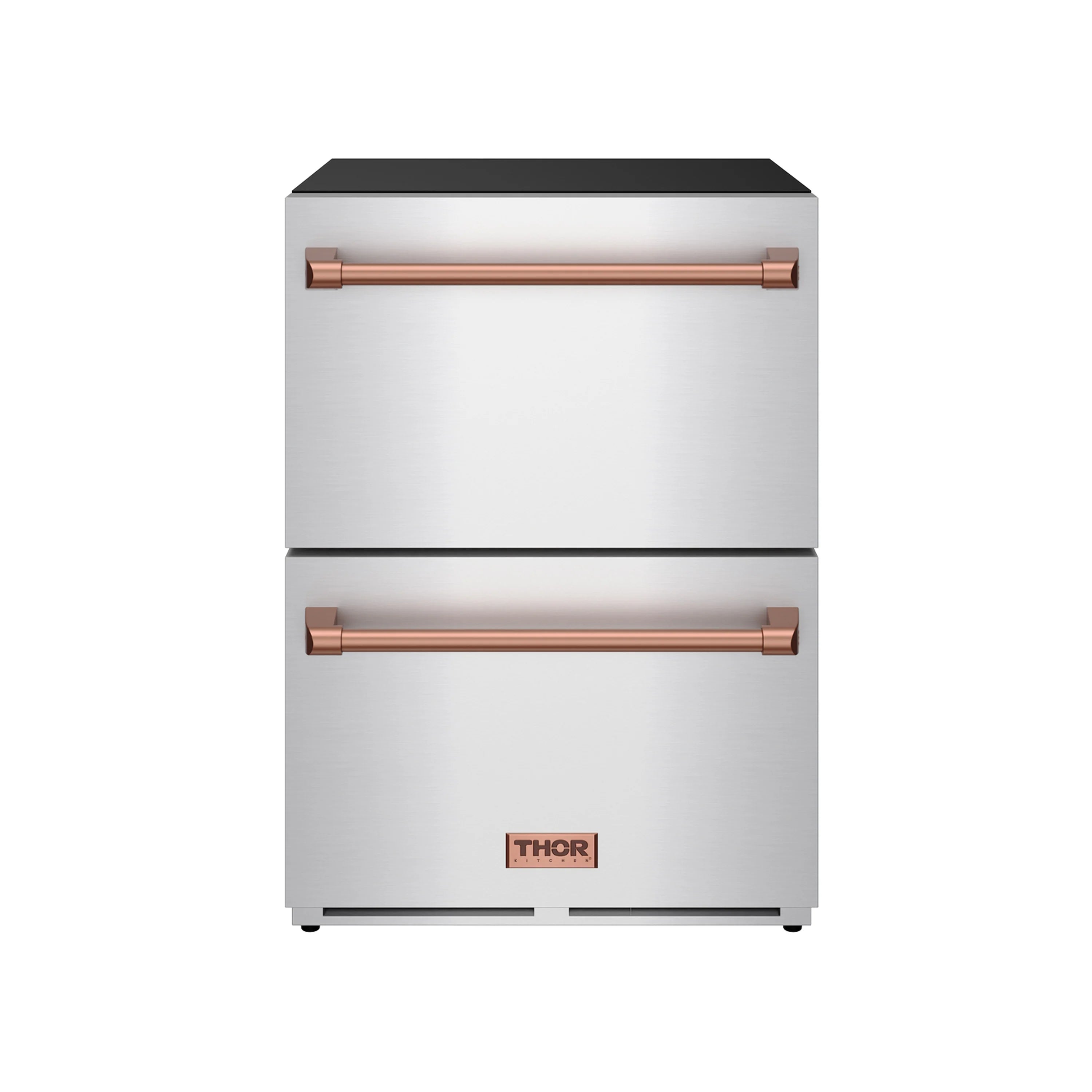 Stainless steel 24-inch drawer freezer with rose gold handles and front logo