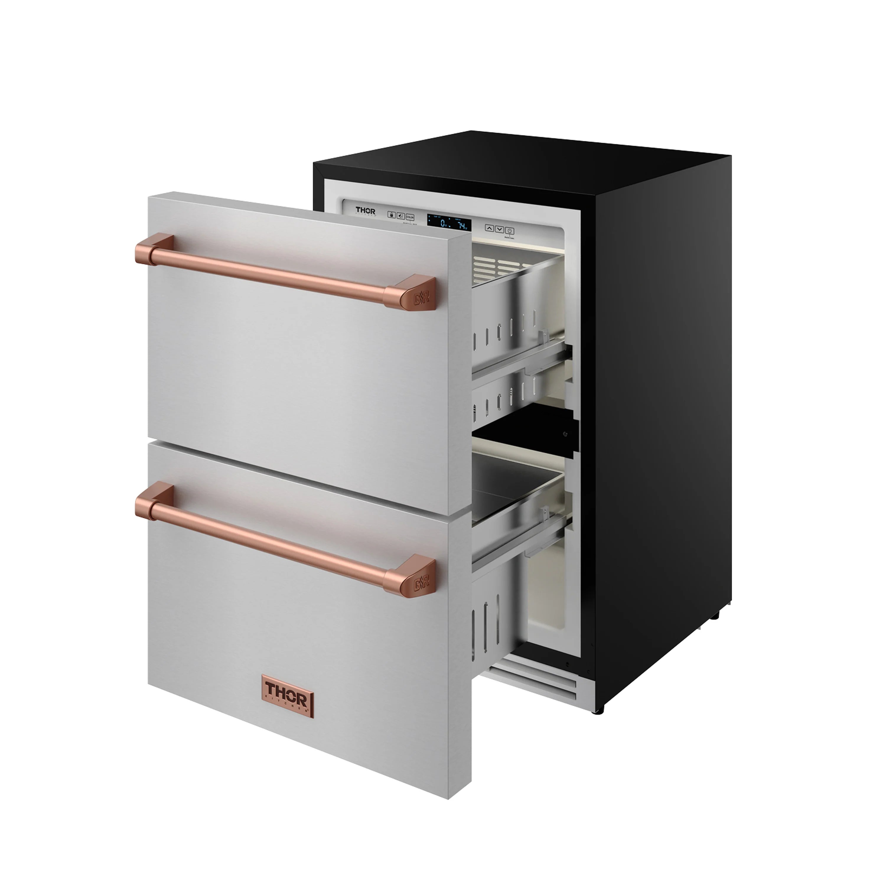 Stainless steel drawer freezer with rose gold handles, side view with open drawer