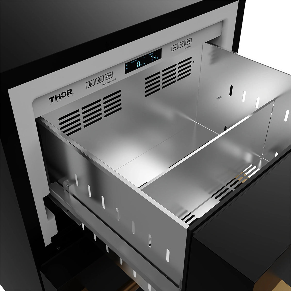 Black drawer freezer with bronze trim, top drawer open showing interior racks and vents