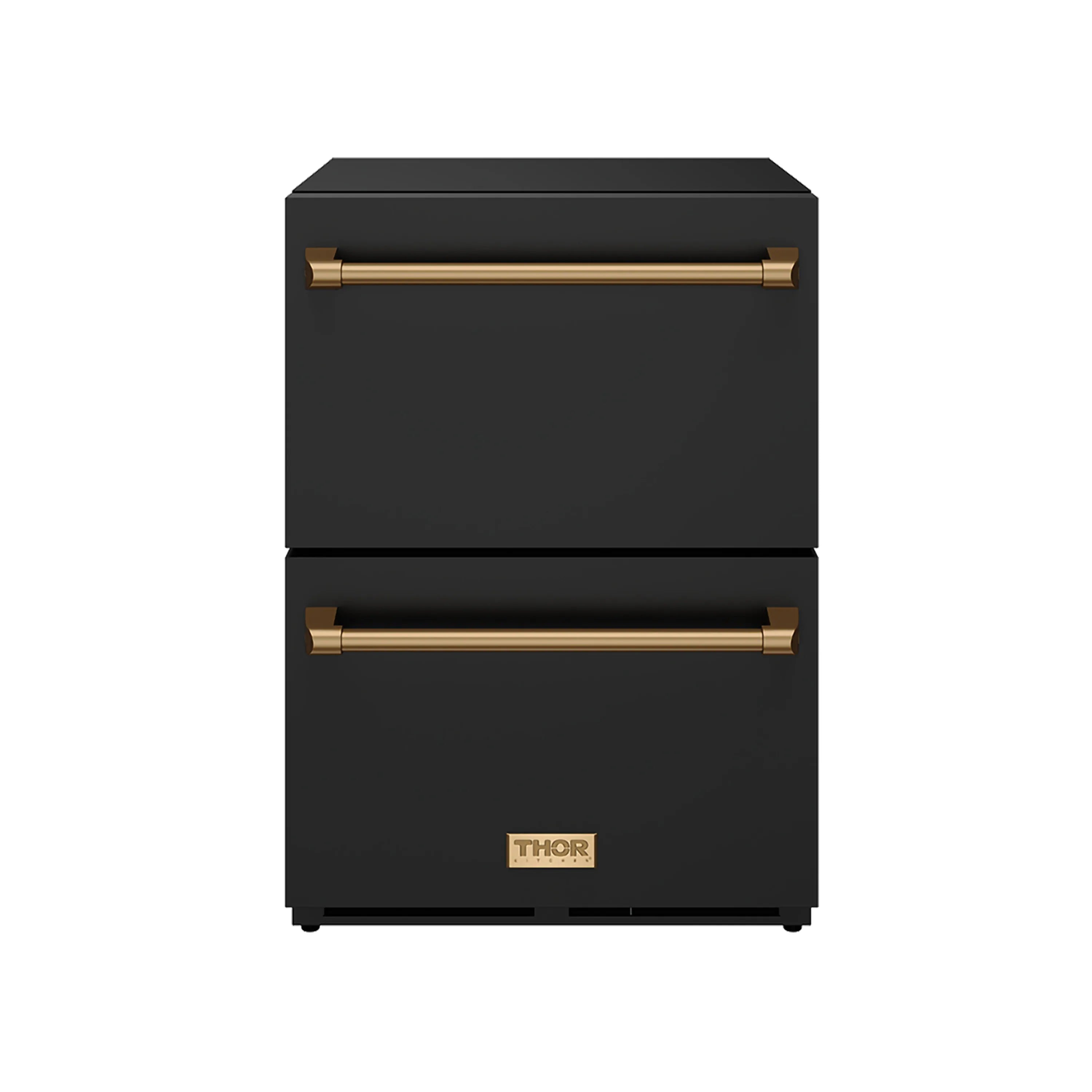 Black 24-inch drawer freezer with bronze handles and stacked drawer doors, front view