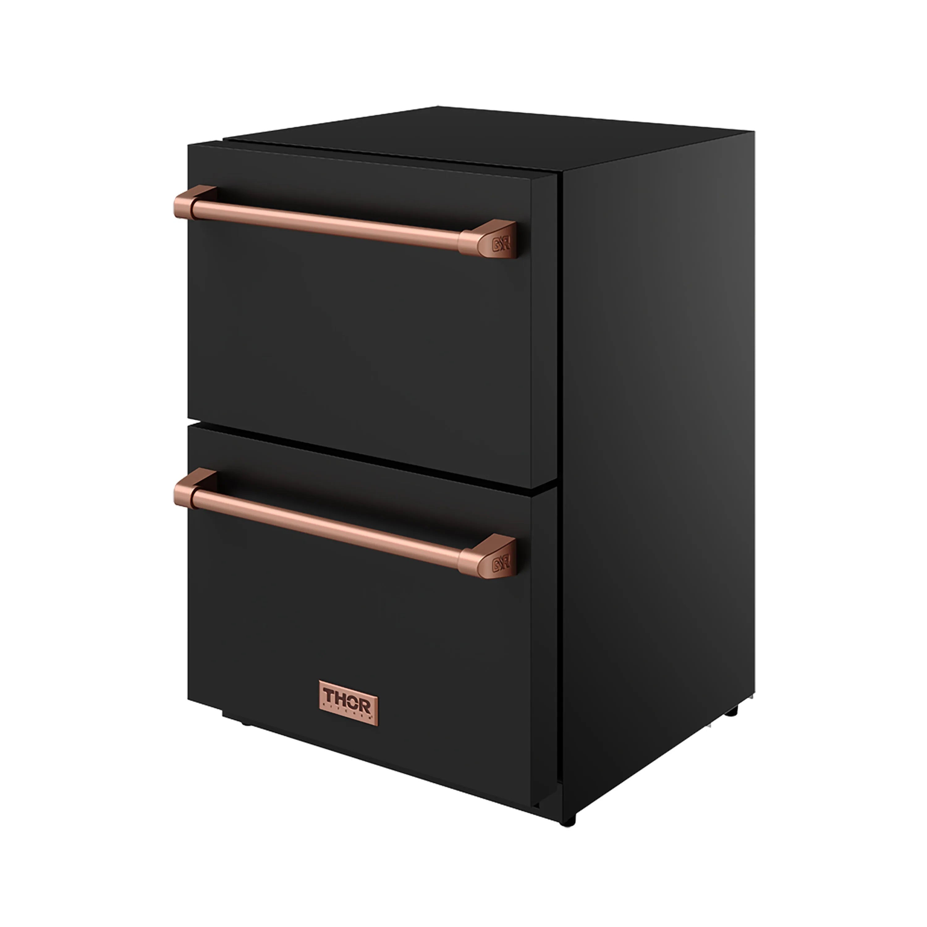 Black freestanding drawer freezer with two copper bar handles and THOR logo
