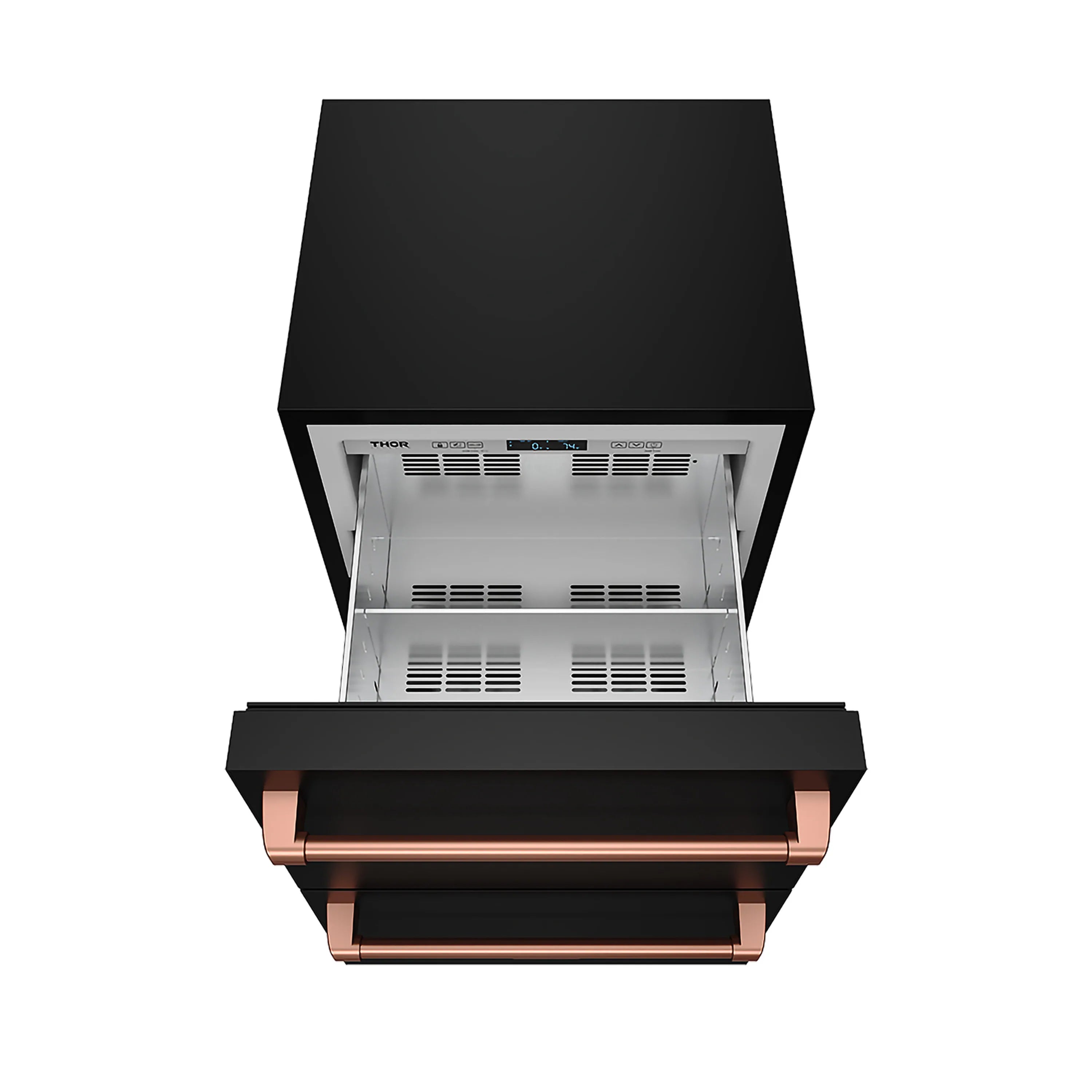Open black drawer freezer with copper handle bar and visible vents inside