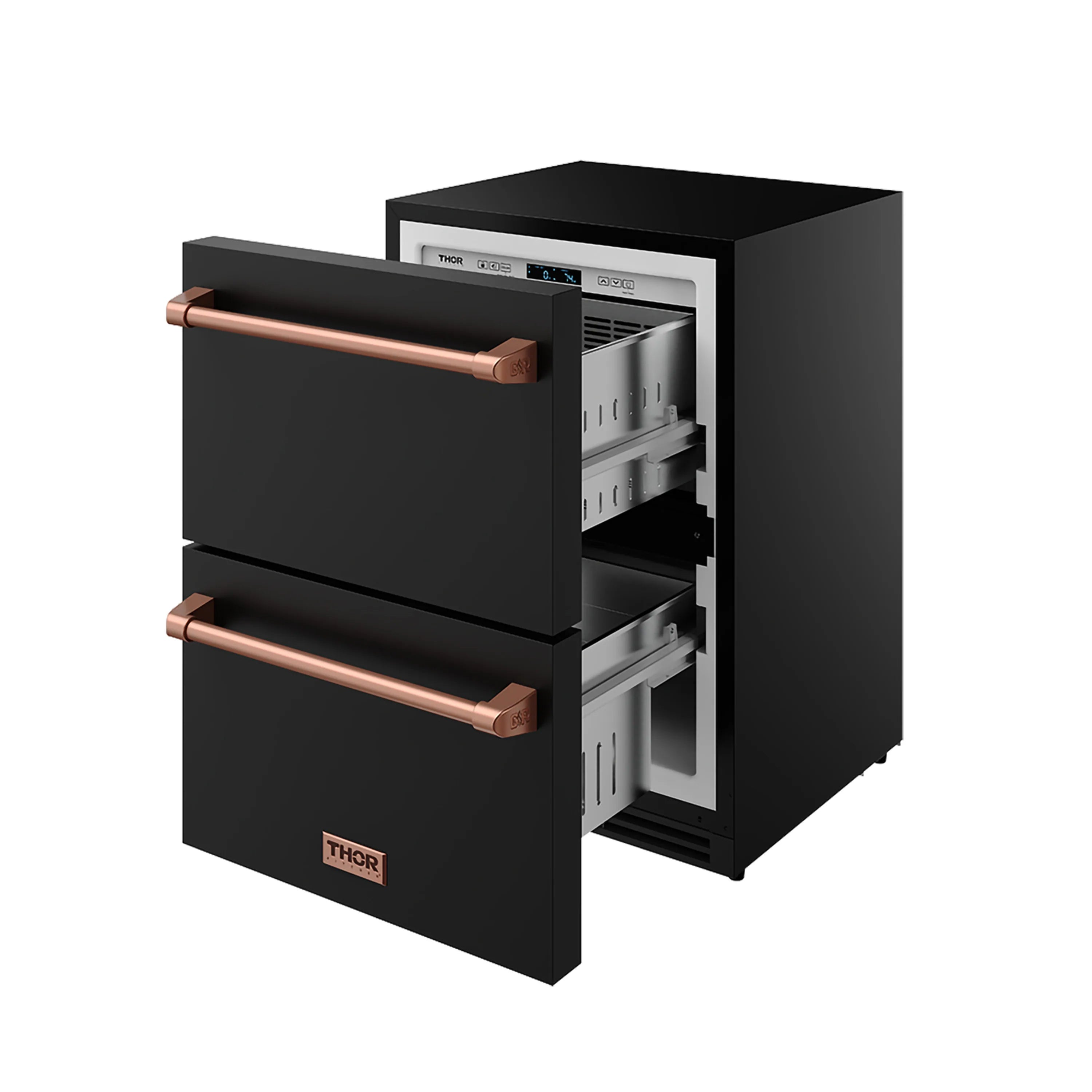 Black built-in drawer freezer with open front revealing stacked freezer drawers