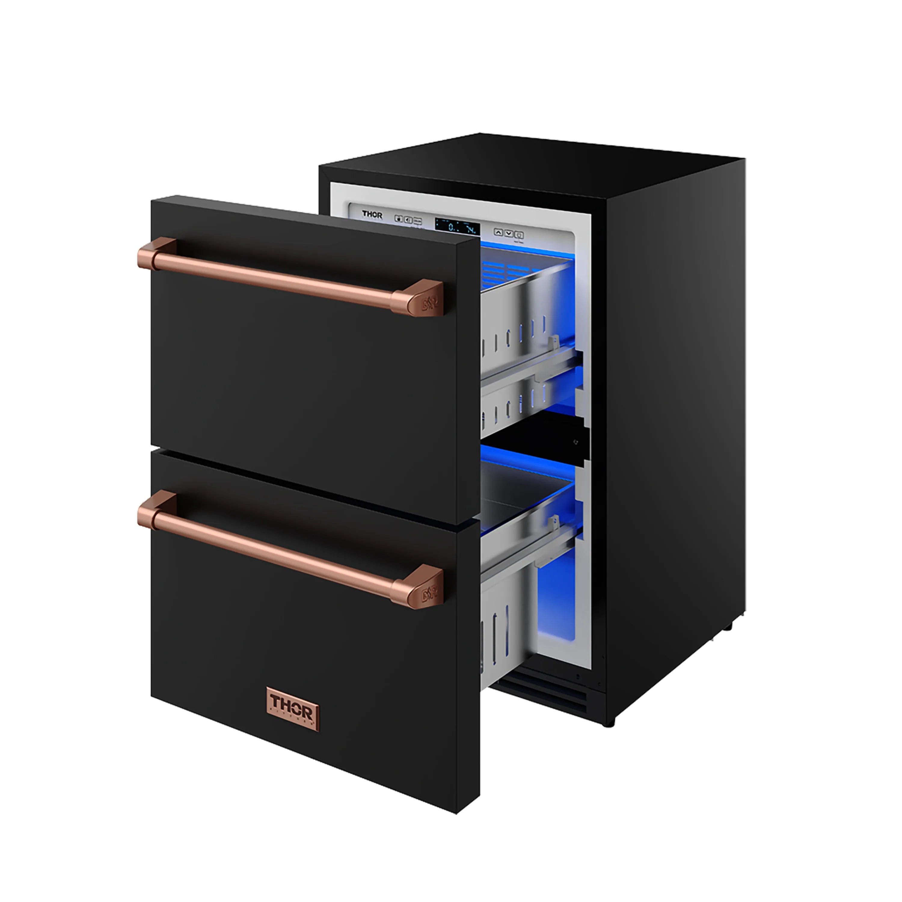 Black drawer freezer with open doors showing blue-lit interior and copper handles