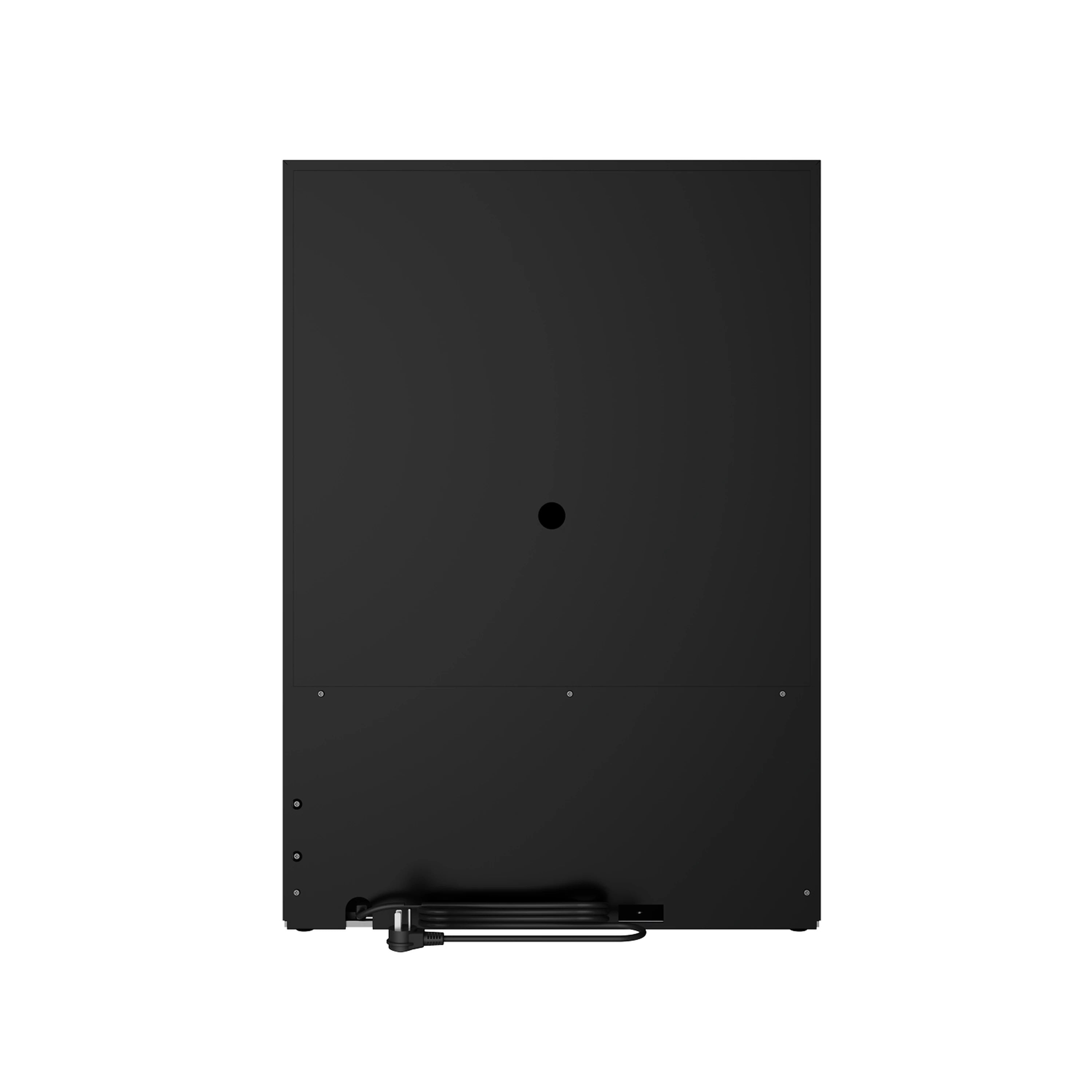 Drawer freezer back panel in black with ventilation openings and leveling feet.
