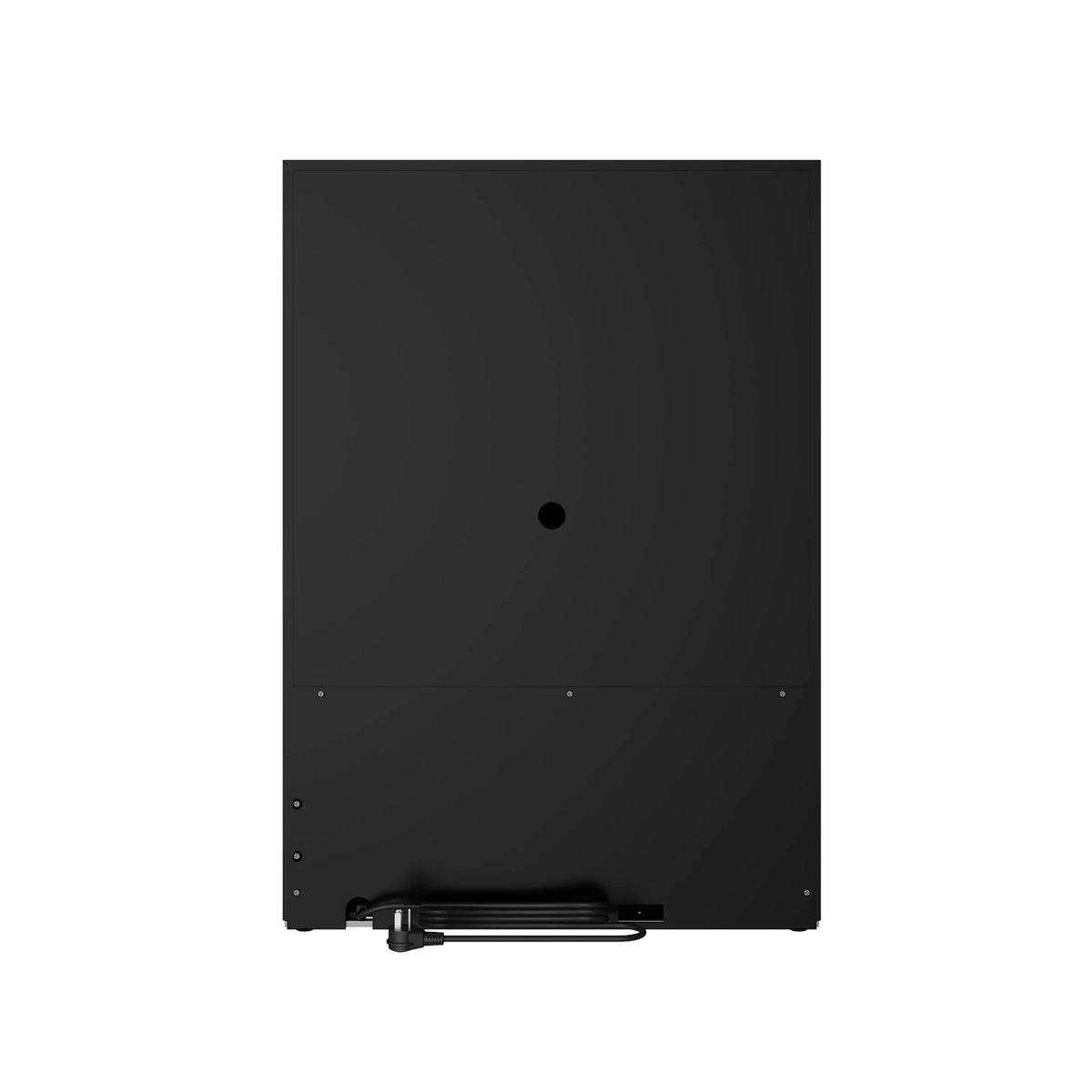 Drawer freezer back panel in black with ventilation openings and leveling feet.