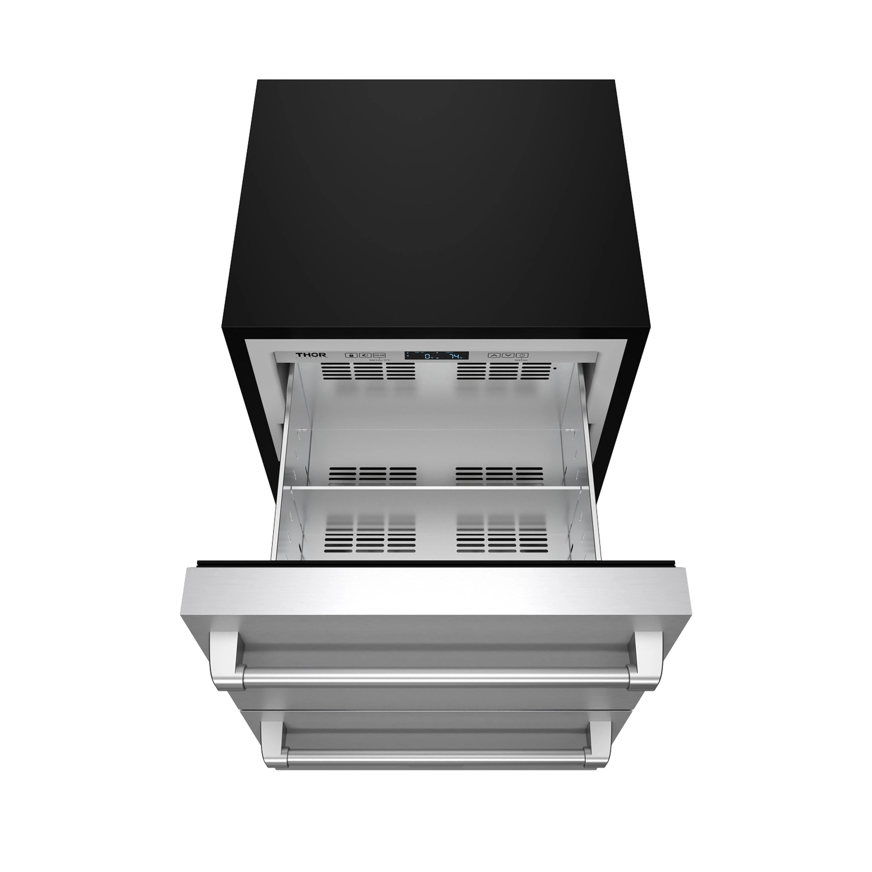 Open drawer freezer with visible interior vents and top control area, stainless finish.