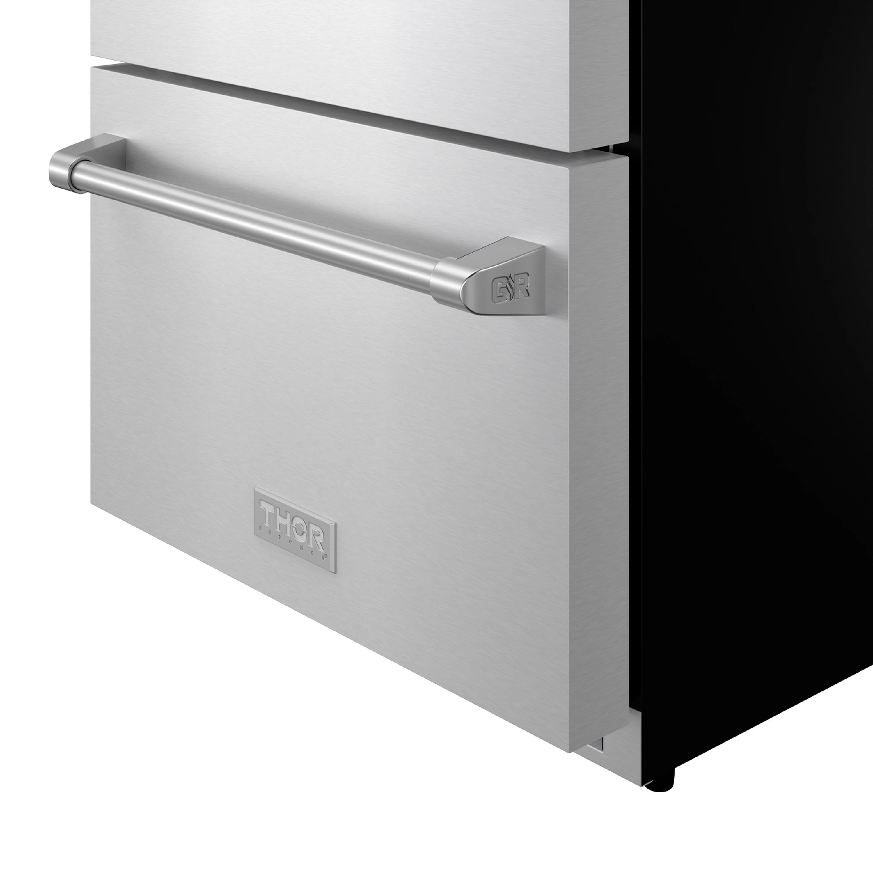 Stainless drawer freezer front with chrome handle bar and THOR logo badge.