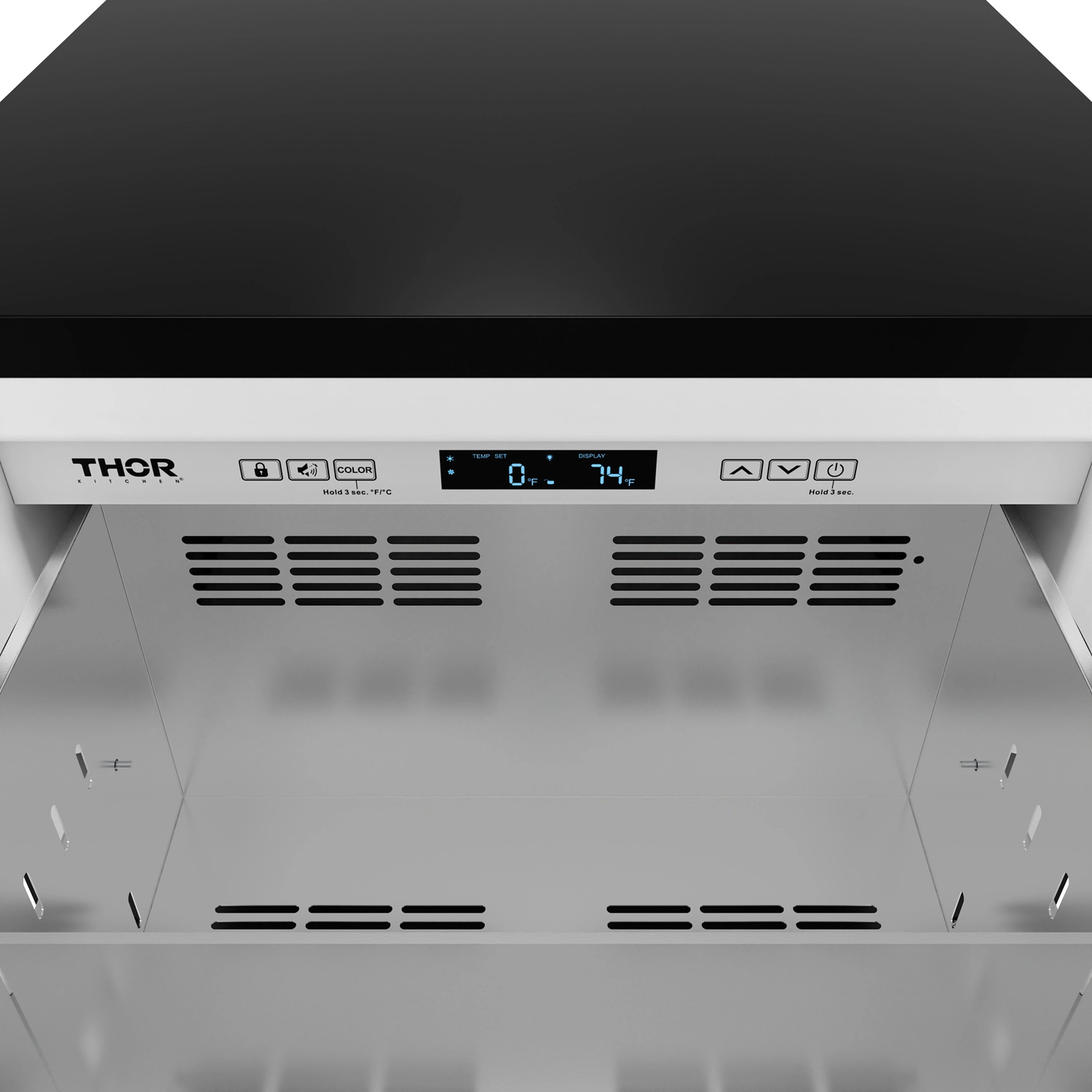 Drawer freezer interior with digital display controls and front vent grilles.