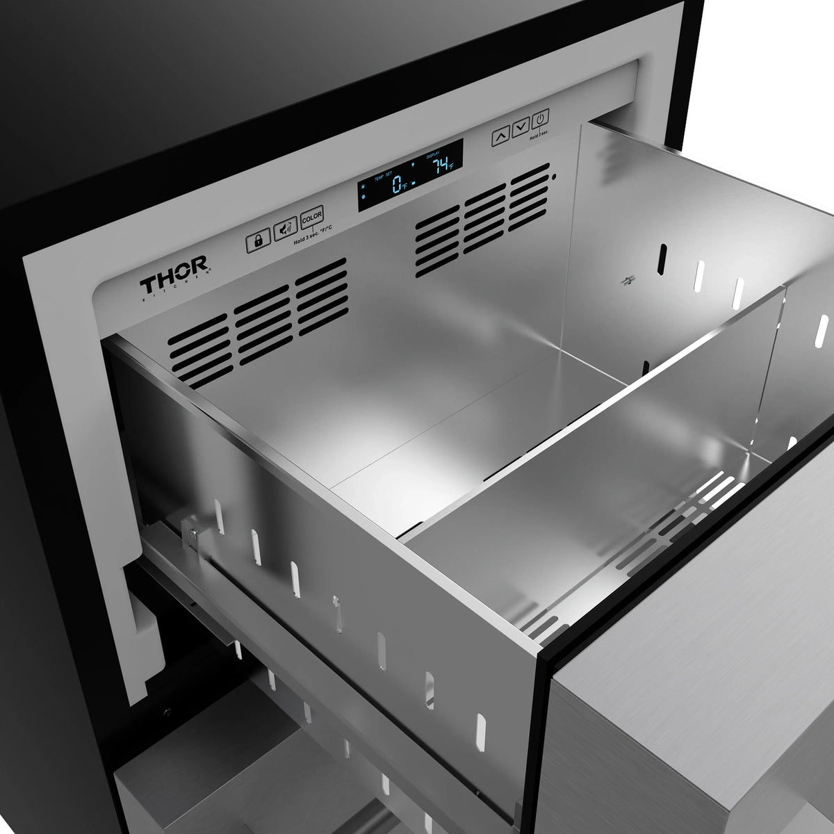 Stainless steel undercounter drawer freezer with THOR logo; open front drawer showing interior.