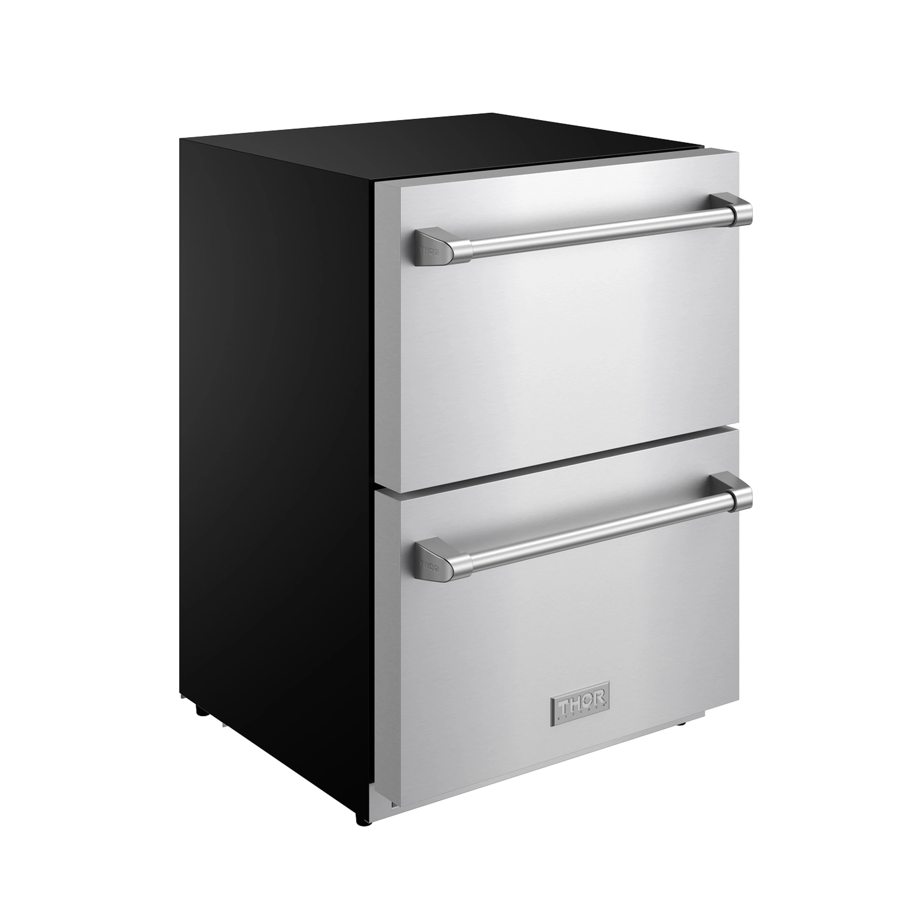 24-inch drawer freezer in stainless steel with black side panel and two chrome handles.