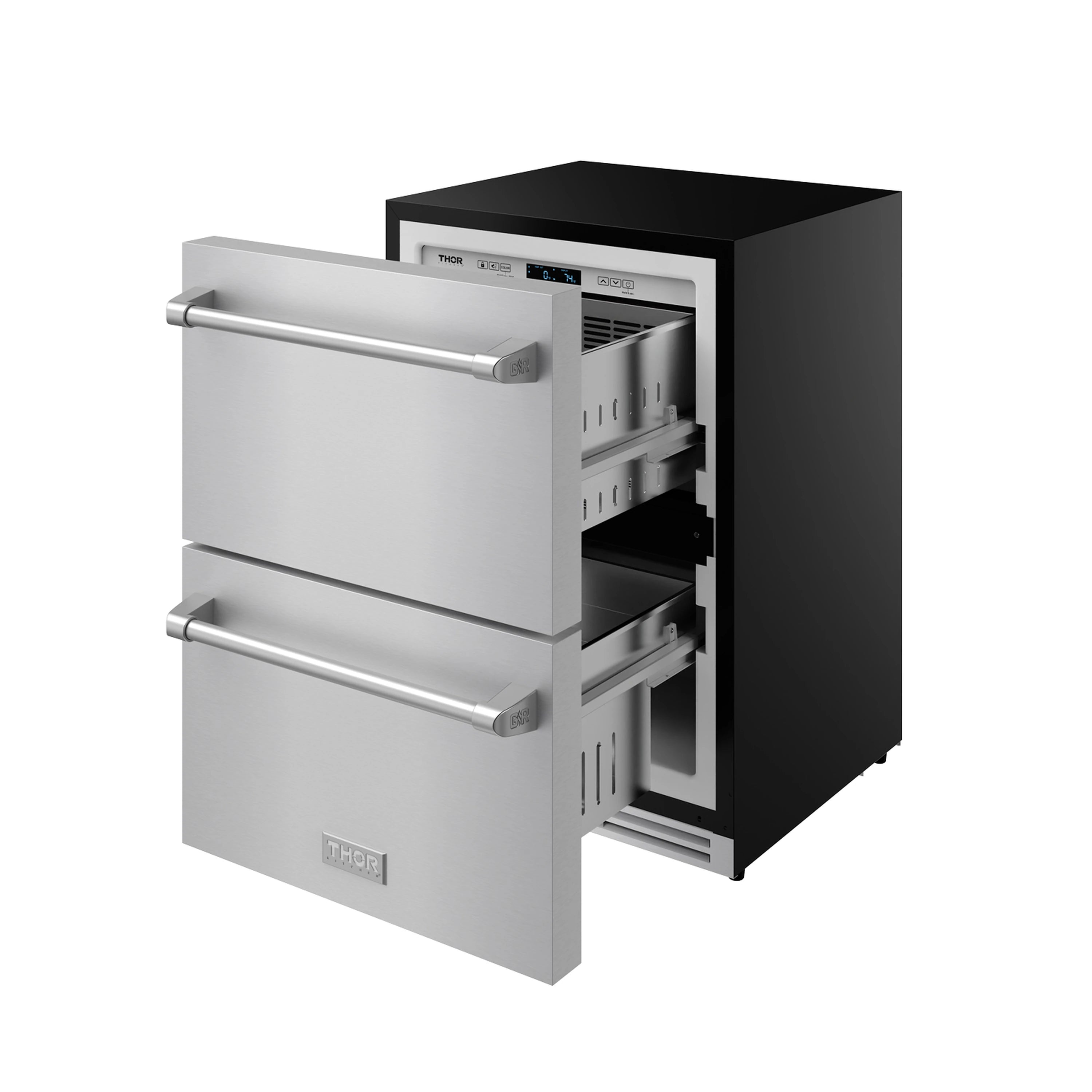 Stainless drawer freezer with front panels open, showing interior racks and compartments.