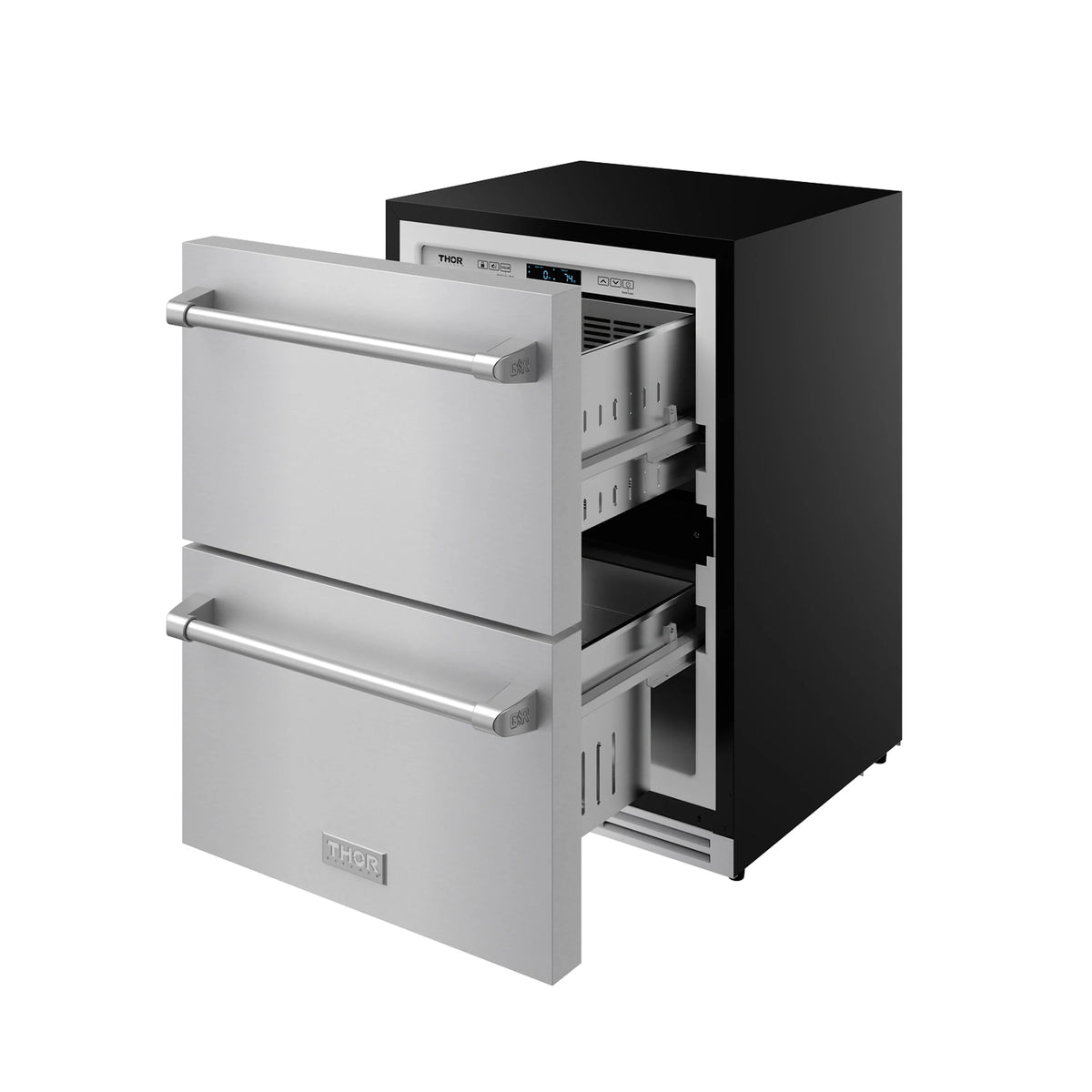 Stainless drawer freezer with front panels open, showing interior racks and compartments.