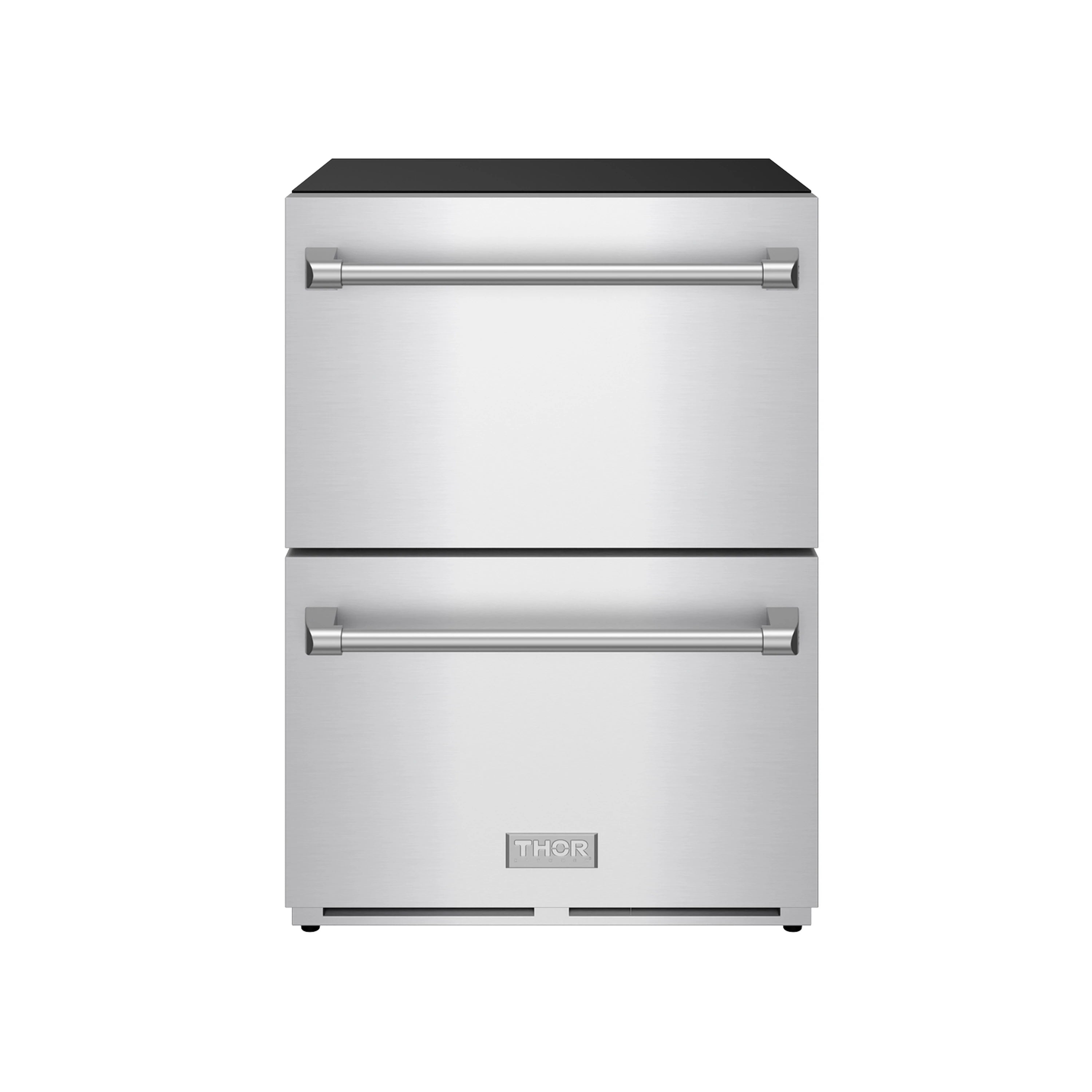 Drawer freezer with two stainless steel front doors, chrome handles, and black top.