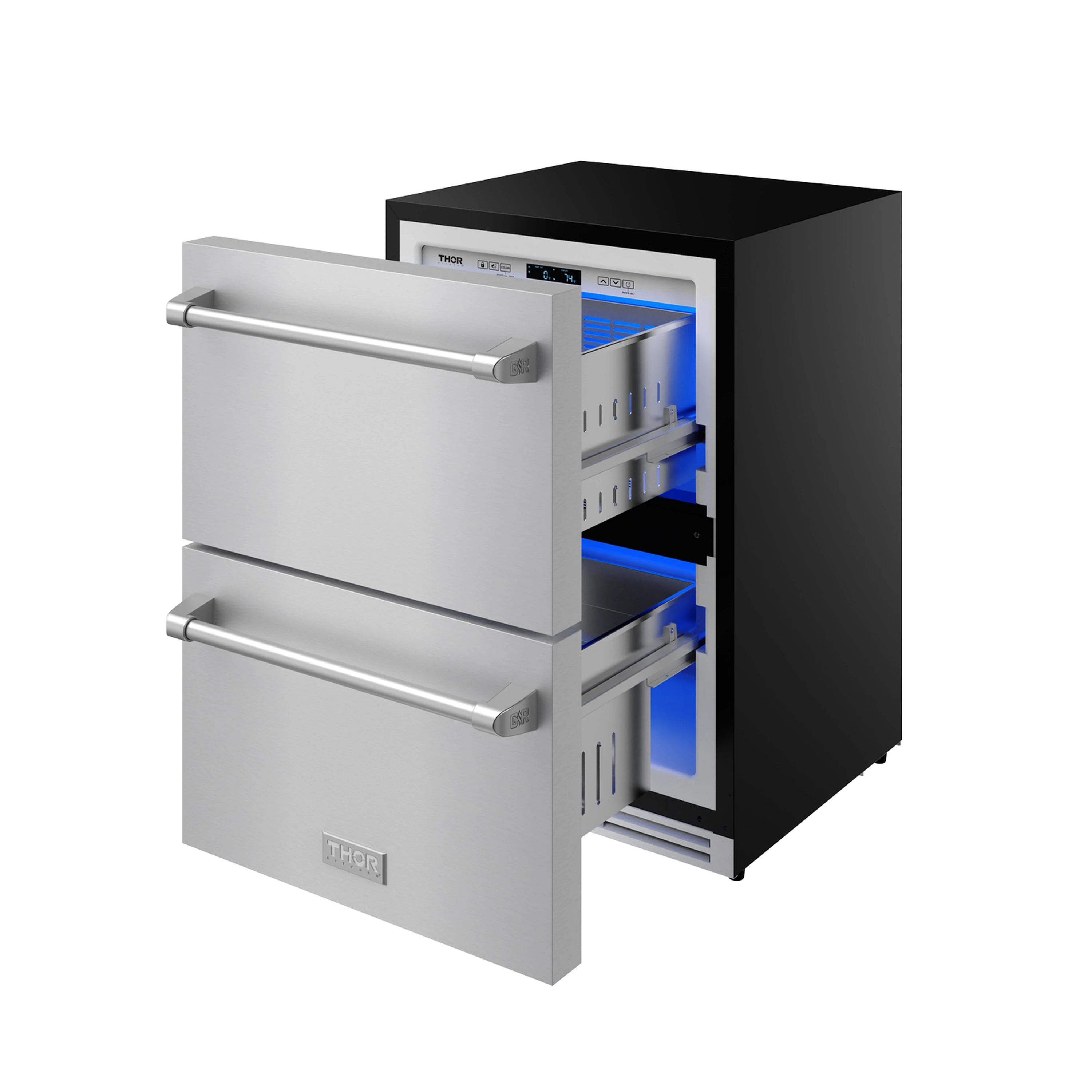 Drawer freezer with interior open and blue LED light inside stainless compartments.