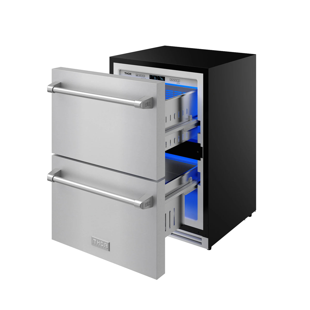 Drawer freezer with interior open and blue LED light inside stainless compartments.