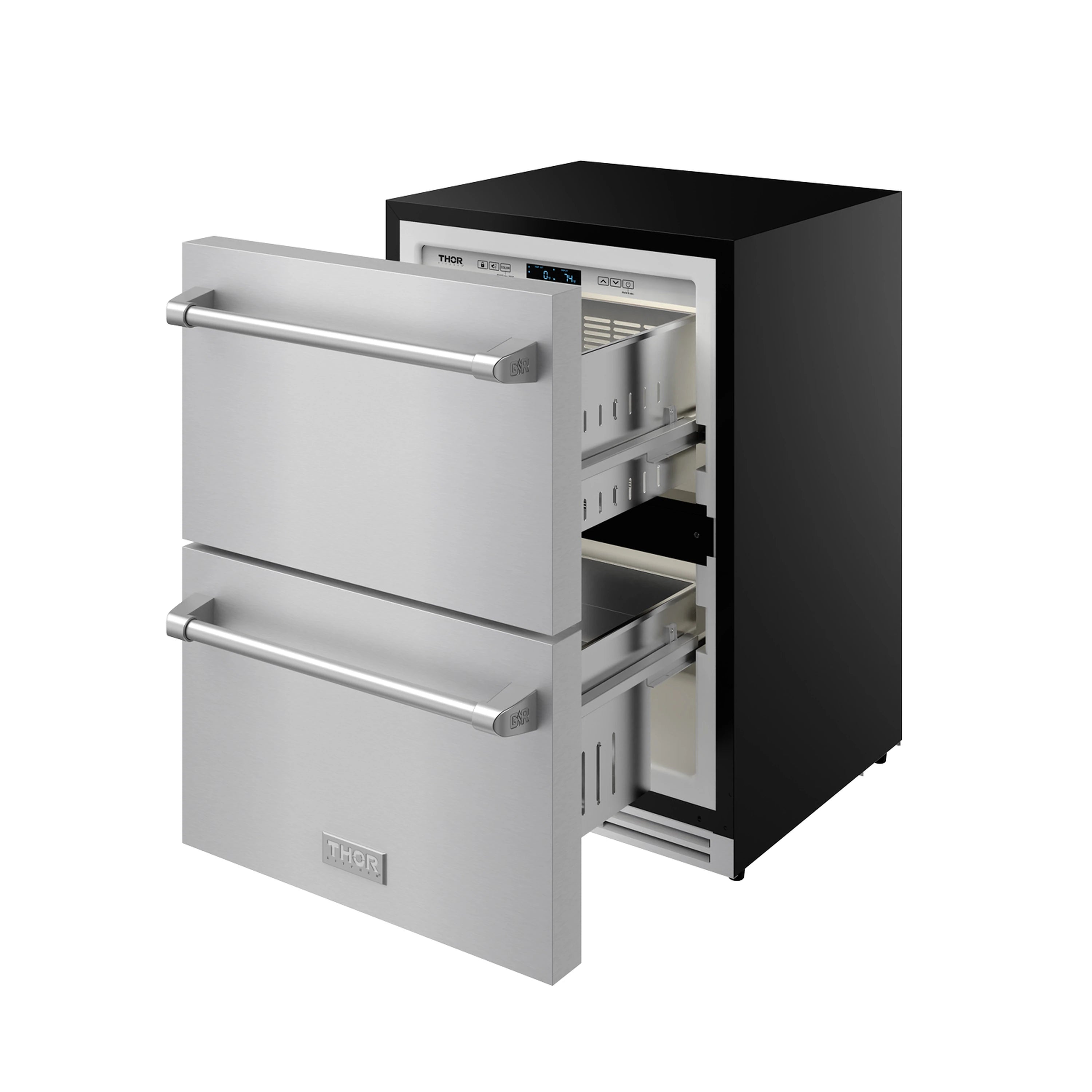 Stainless drawer freezer with open front, showing shelves and interior side vents.