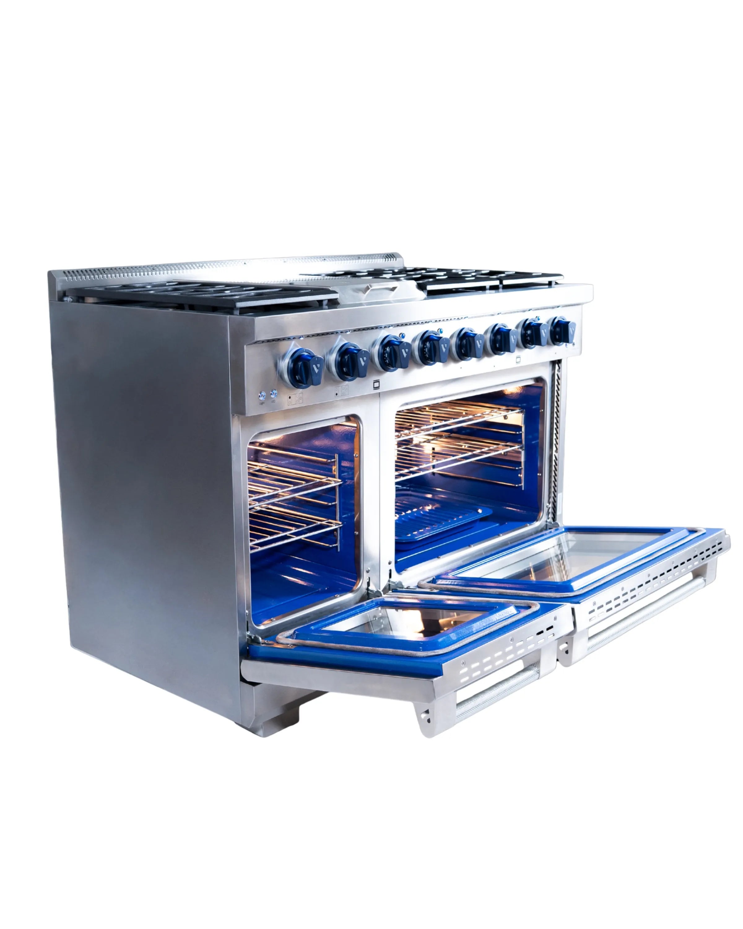 Stainless steel range with blue control knobs and open dual oven doors