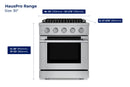 Hauslane HausPro Series 30-Inch Gas or Dual Fuel Range with 4 Burners and Convection Oven in Stainless Steel