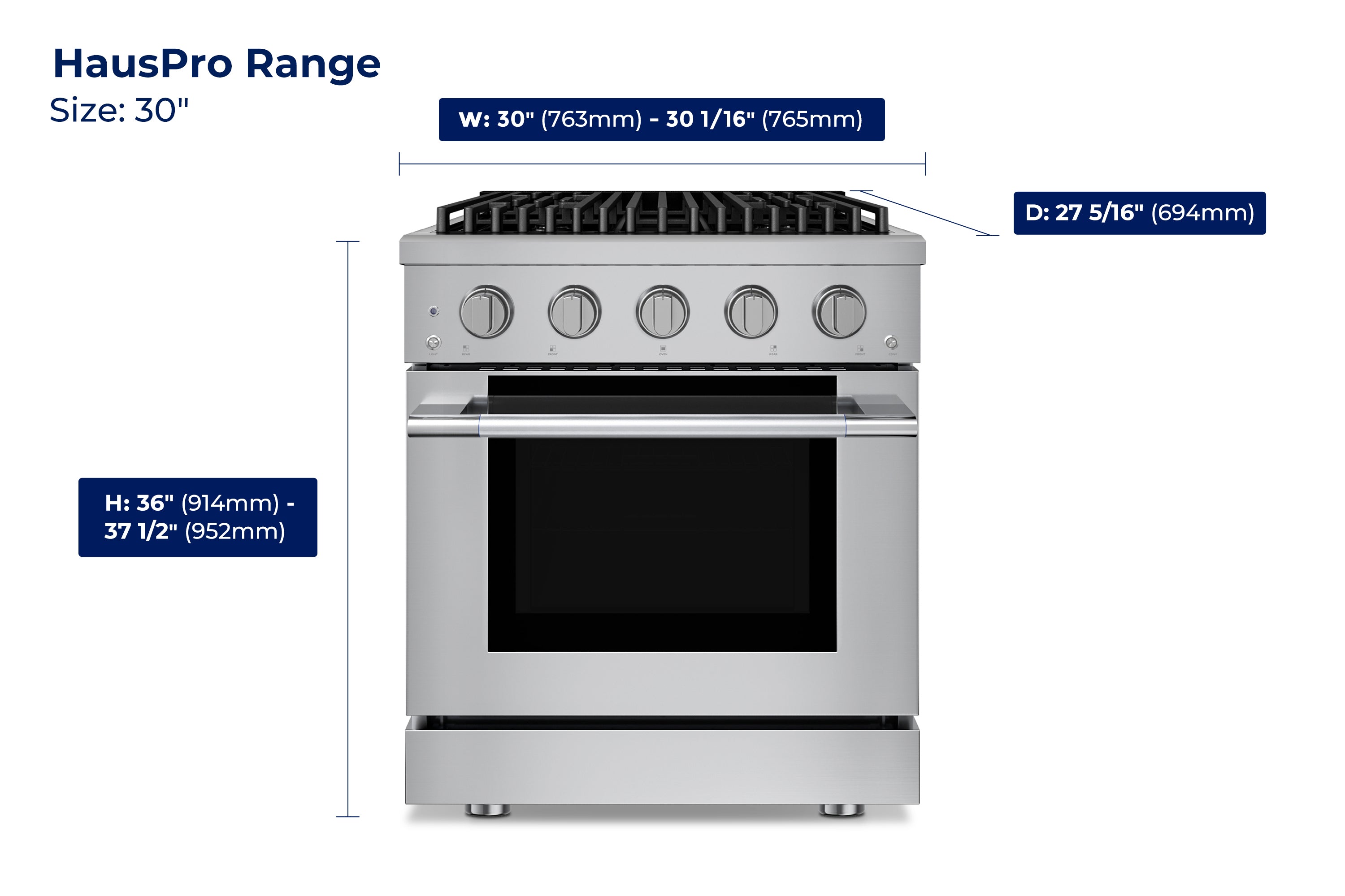 Stainless steel 30-inch range with four burners and convection oven