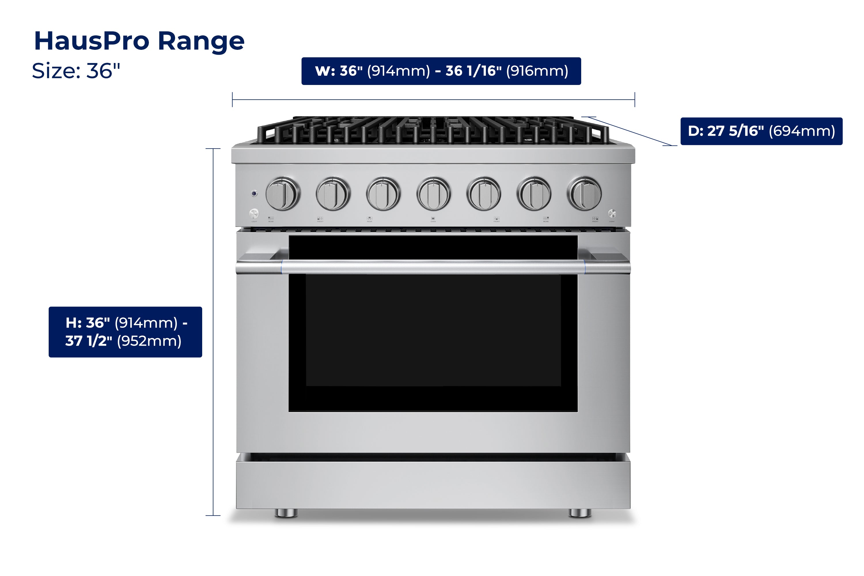 36-inch stainless steel gas range with convection oven, front view and side dimensions