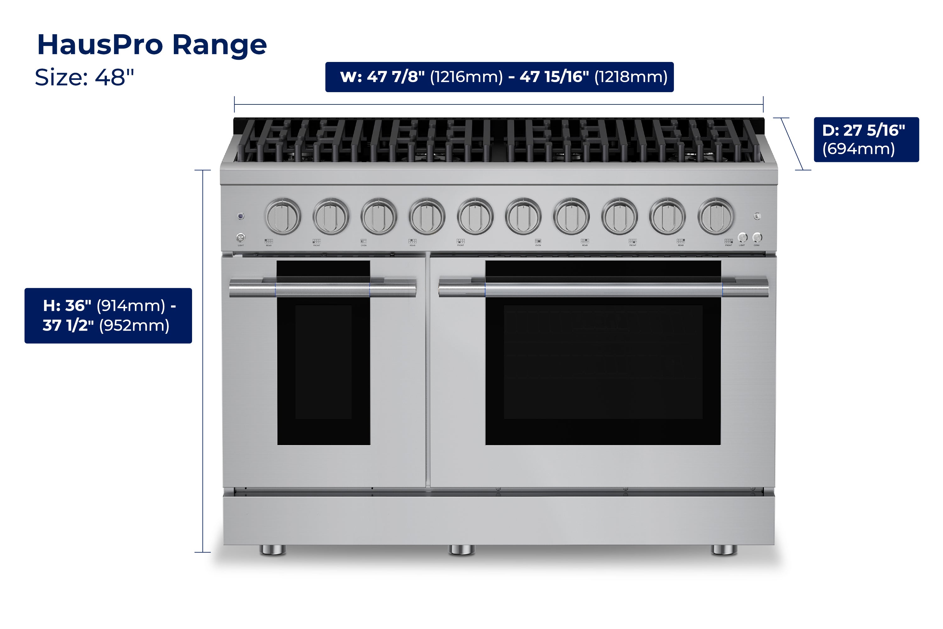 Hauslane HausPro Series 48-Inch Gas or Dual Fuel Range with 8 Burners and Convection Oven in Stainless Steel