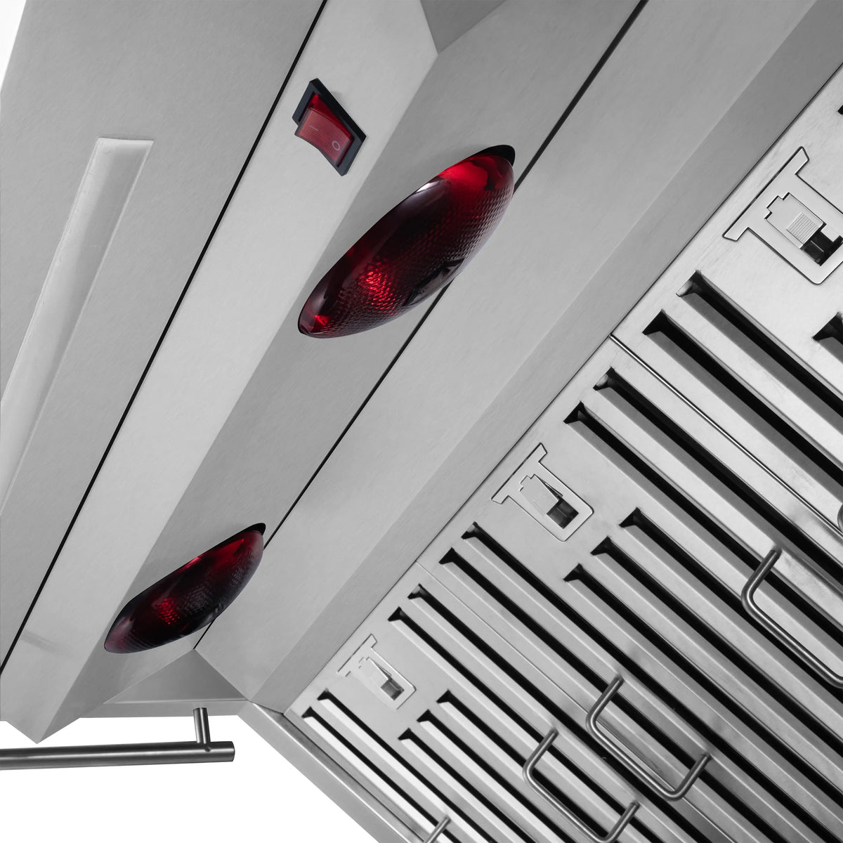 Stainless range hood interior vent duct with red indicator lights and grill bars