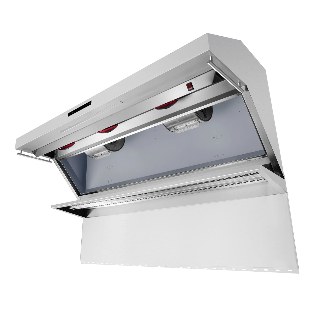 Stainless steel range hood with exposed baffle filter and control panel