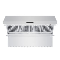 Stainless steel wall mount range hood with front baffle filter slots and control panel