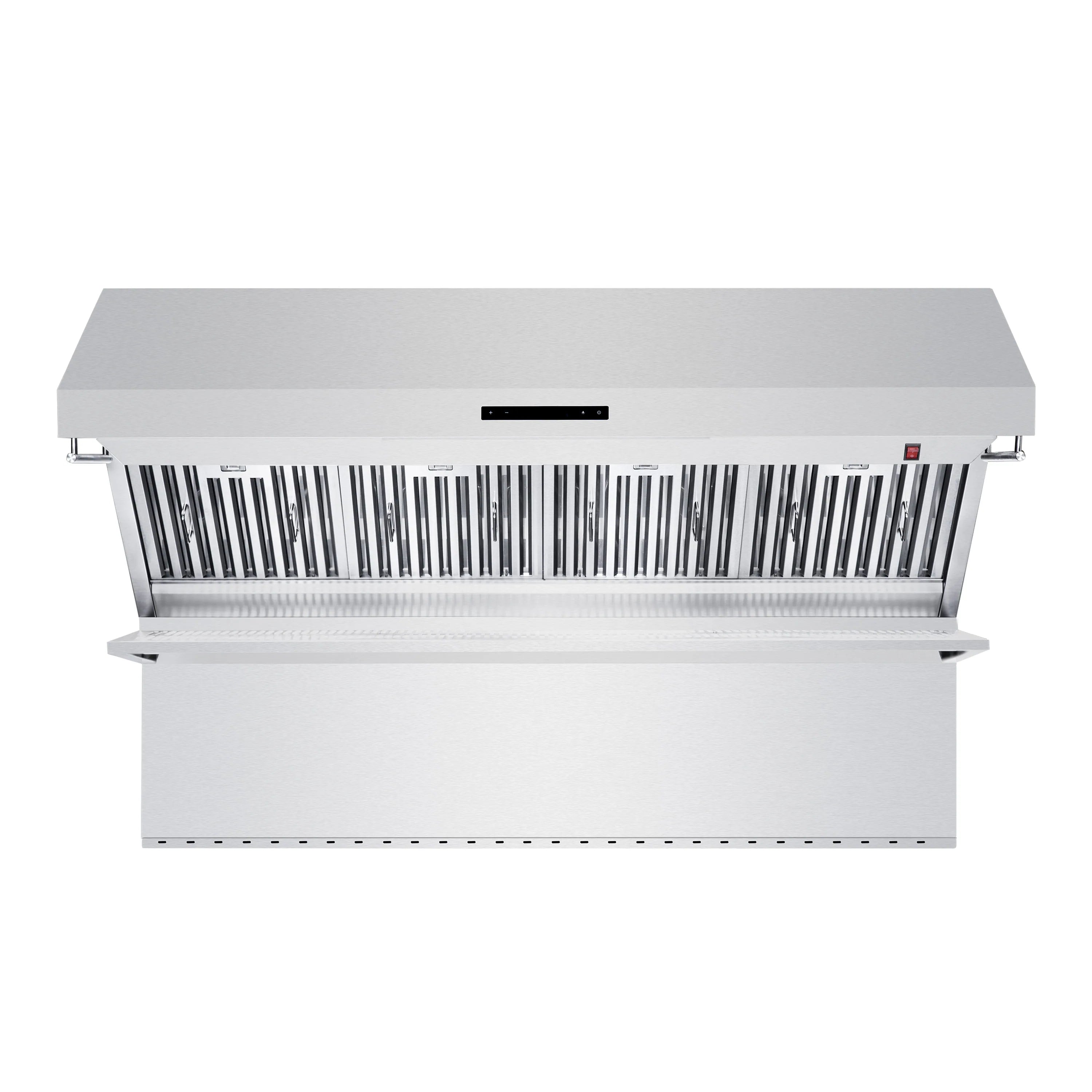 Stainless steel wall mount range hood with front baffle filter slots and control panel
