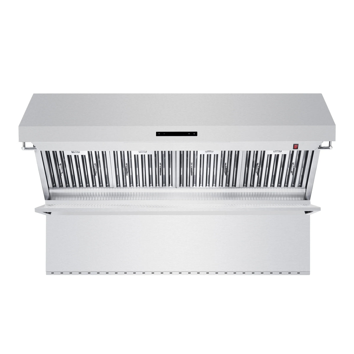 Stainless steel wall range hood with open vent and slatted baffle filter