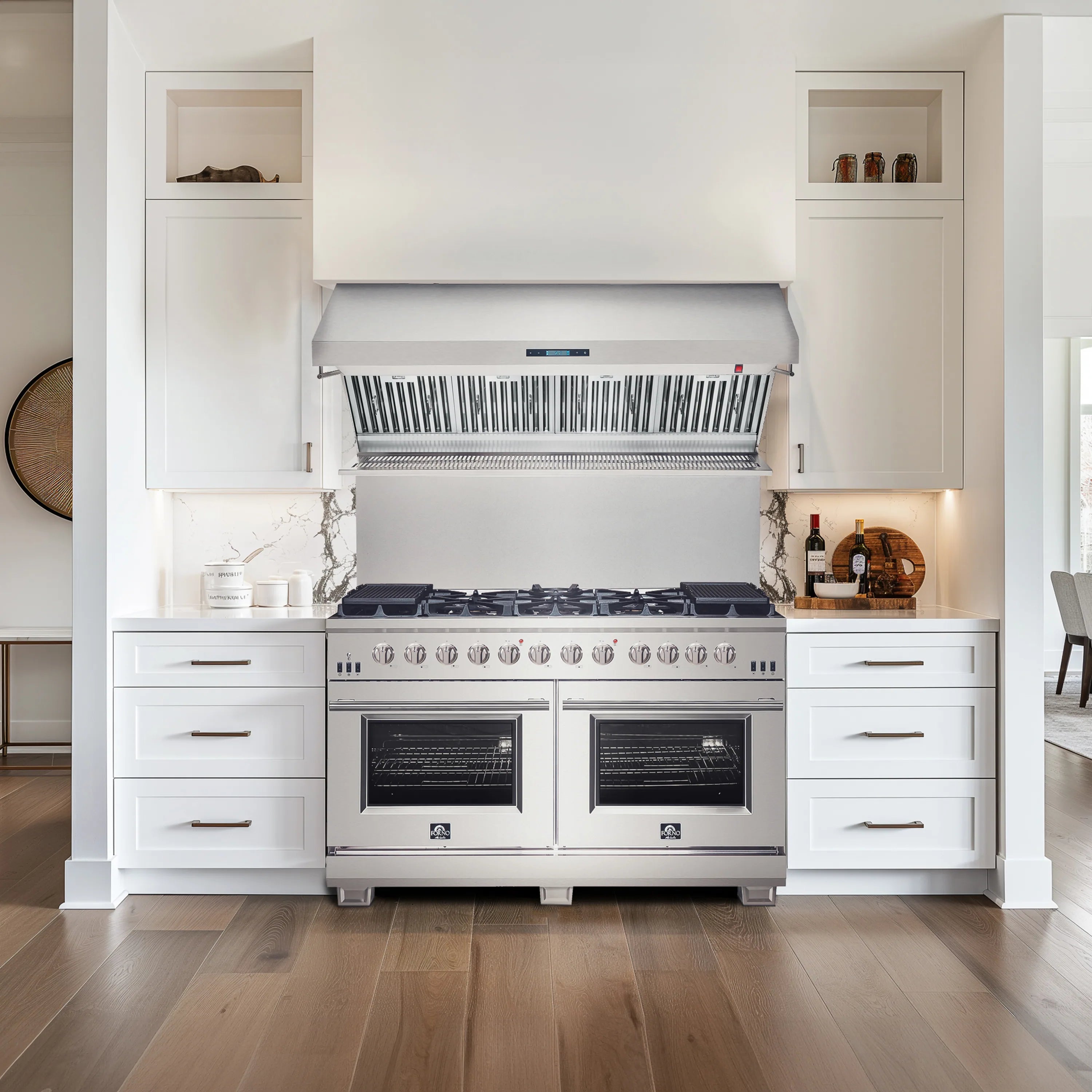 60-inch stainless steel wall mount range hood above a cooktop with baffle filter grille