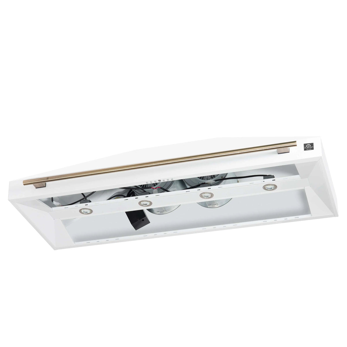 White wall mount range hood underside with fan openings and antique brass accent bar