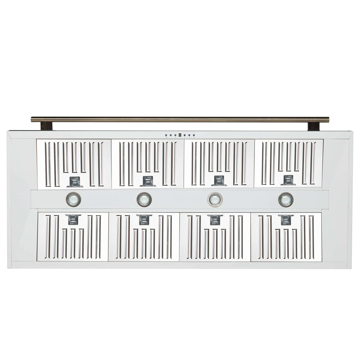 White wall mount range hood front with vertical grille slats and antique brass handle bar