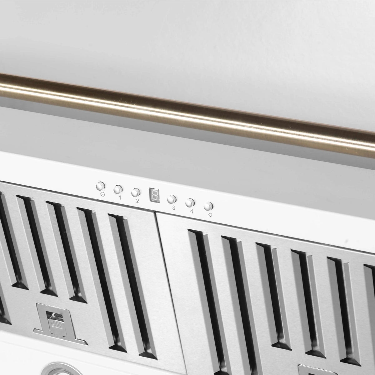 Range hood control panel with buttons and vertical vent slots